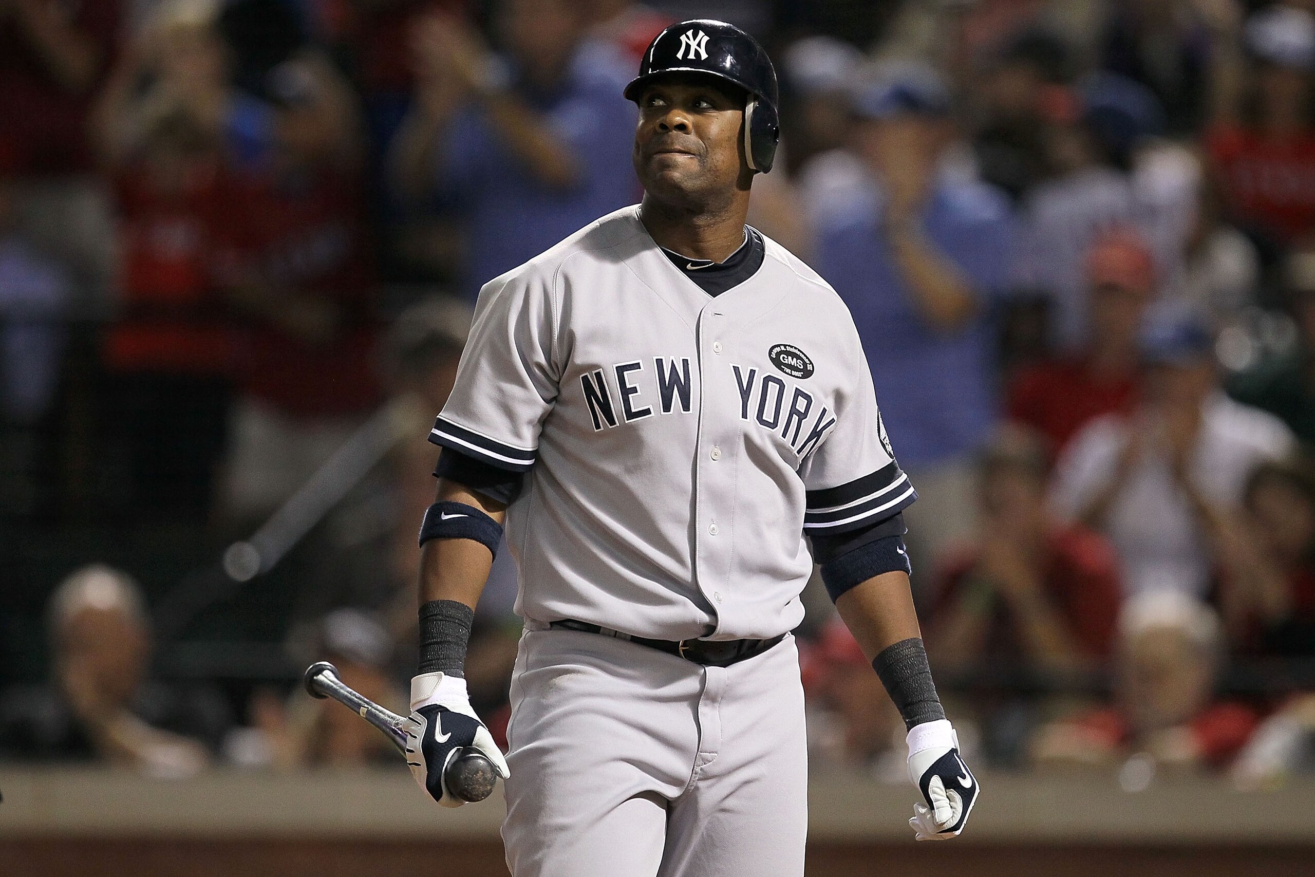 ARLINGTON, TX - OCTOBER 22: Marcus Thames #38 of the New York Yankees reacts after striking out against the Texas Rangers in Game Six of the ALCS during the 2010 MLB Playoffs at Rangers Ballpark in Arlington on October 22, 2010 in Arlington, Texas. (Pho ARLINGTON, TX - OCTOBER 22: Marcus Thames #38 of the New York Yankees reacts after striking out against the Texas Rangers in Game Six of the ALCS during the 2010 MLB Playoffs at Rangers Ballpark in Arlington on October 22, 2010 in Arlington, Texas. (Pho