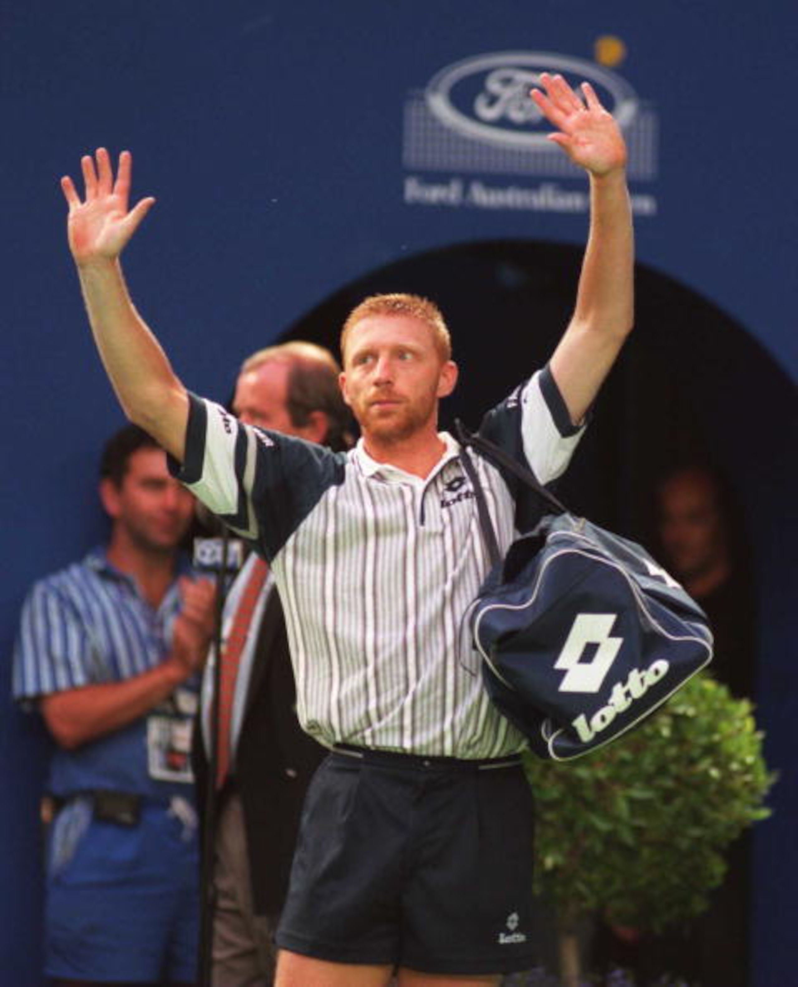 26 Jan 1996: Boris Becker of Germany celebrates after his semifinal match against Mark Woodforde of Australia at the Ford Australian Open at Flinders Park Melbourne, Australia. Becker beat Woodforde in straight sets 6-4, 6-2, 6-0. Mandatory Credit: PhilC 26 Jan 1996: Boris Becker of Germany celebrates after his semifinal match against Mark Woodforde of Australia at the Ford Australian Open at Flinders Park Melbourne, Australia. Becker beat Woodforde in straight sets 6-4, 6-2, 6-0. Mandatory Credit: PhilC