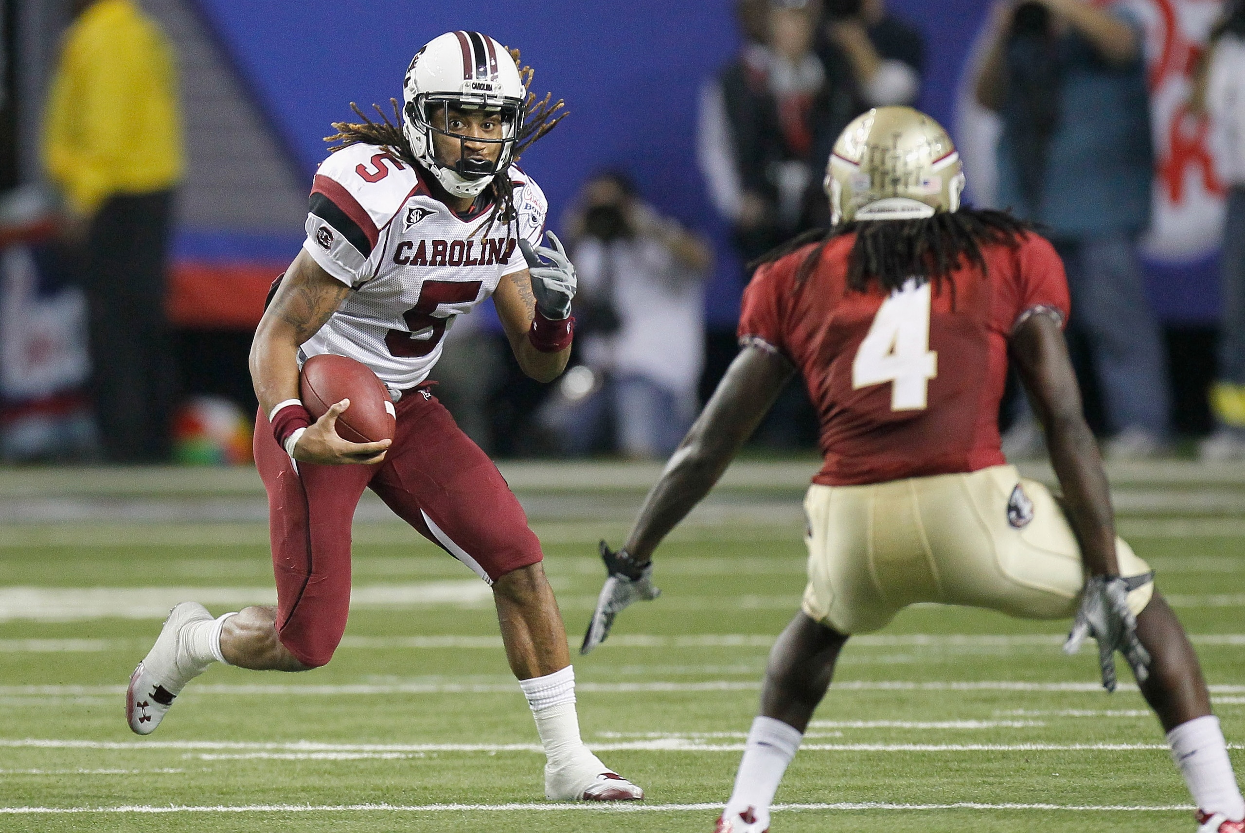 ATLANTA, GA - DECEMBER 31:  Stephon Gilmore #5 of the South Carolina Gamecocks against the Florida State Seminoles during the 2010 Chick-fil-A Bowl at Georgia Dome on December 31, 2010 in Atlanta, Georgia.  (Photo by Kevin C. Cox/Getty Images)