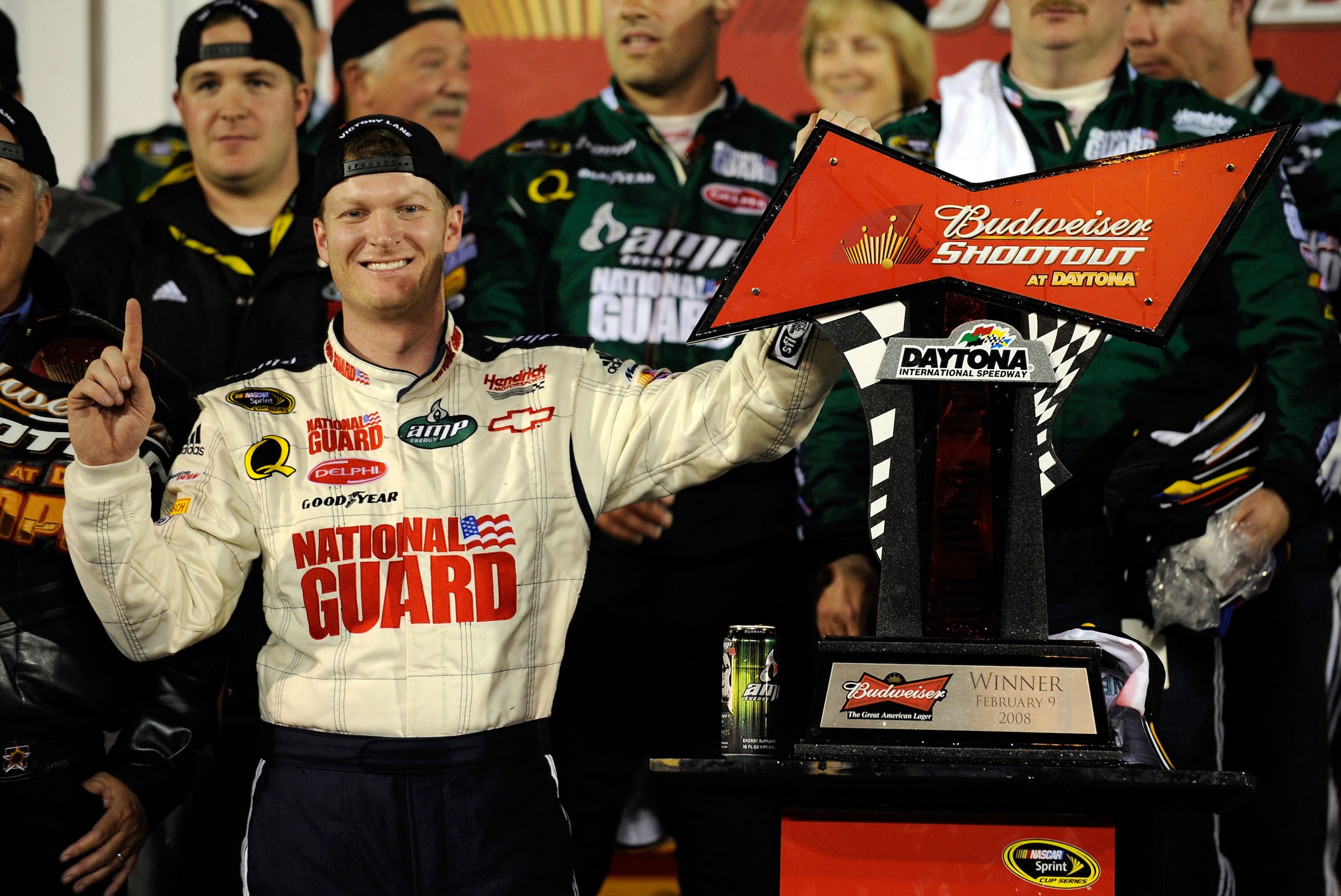 DAYTONA BEACH, FL - FEBRUARY 09: Dale Earnhardt Jr., driver of the #88 Mountian Dew AMP/National Guard Chevrolet, celebrates in victory lane after winning the Budweiser Shootout at Daytona International Speedway on February 9, 2008 in Daytona, Florida.  (