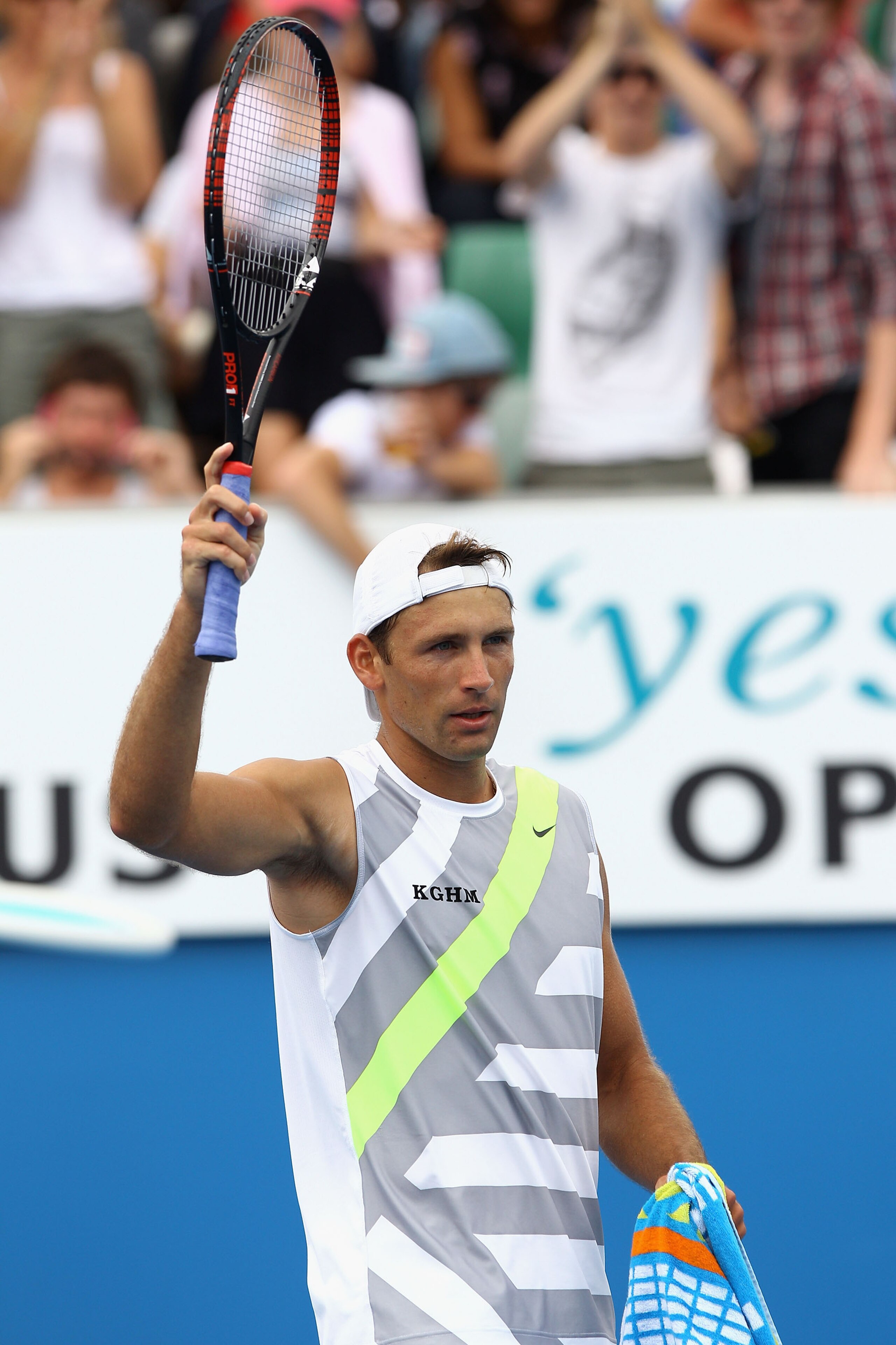 MELBOURNE, AUSTRALIA - JANUARY 17:  Lukasz Kubot of Poland thanks the crowd after winning his first round match against Sam Querrey of the United States of America during day one of the 2011 Australian Open at Melbourne Park on January 17, 2011 in Melbour
