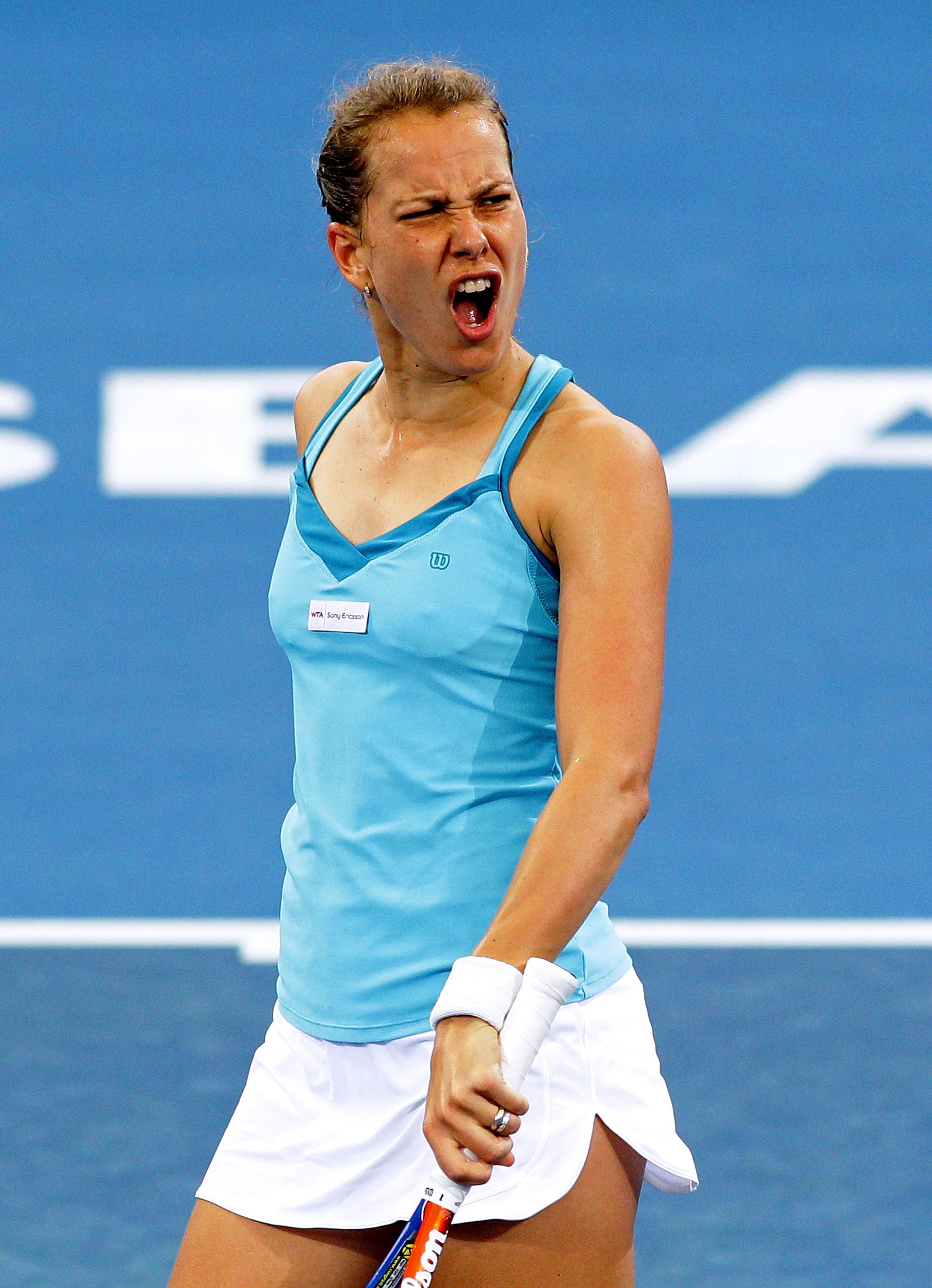 BRISBANE, AUSTRALIA - JANUARY 06:  Barbora Zahlavova Strycova of the Czech Republic reacts after losing a point during her quarter final match against Marion Bartoli of France during day five of the Brisbane International at Queensland Tennis Centre on Ja