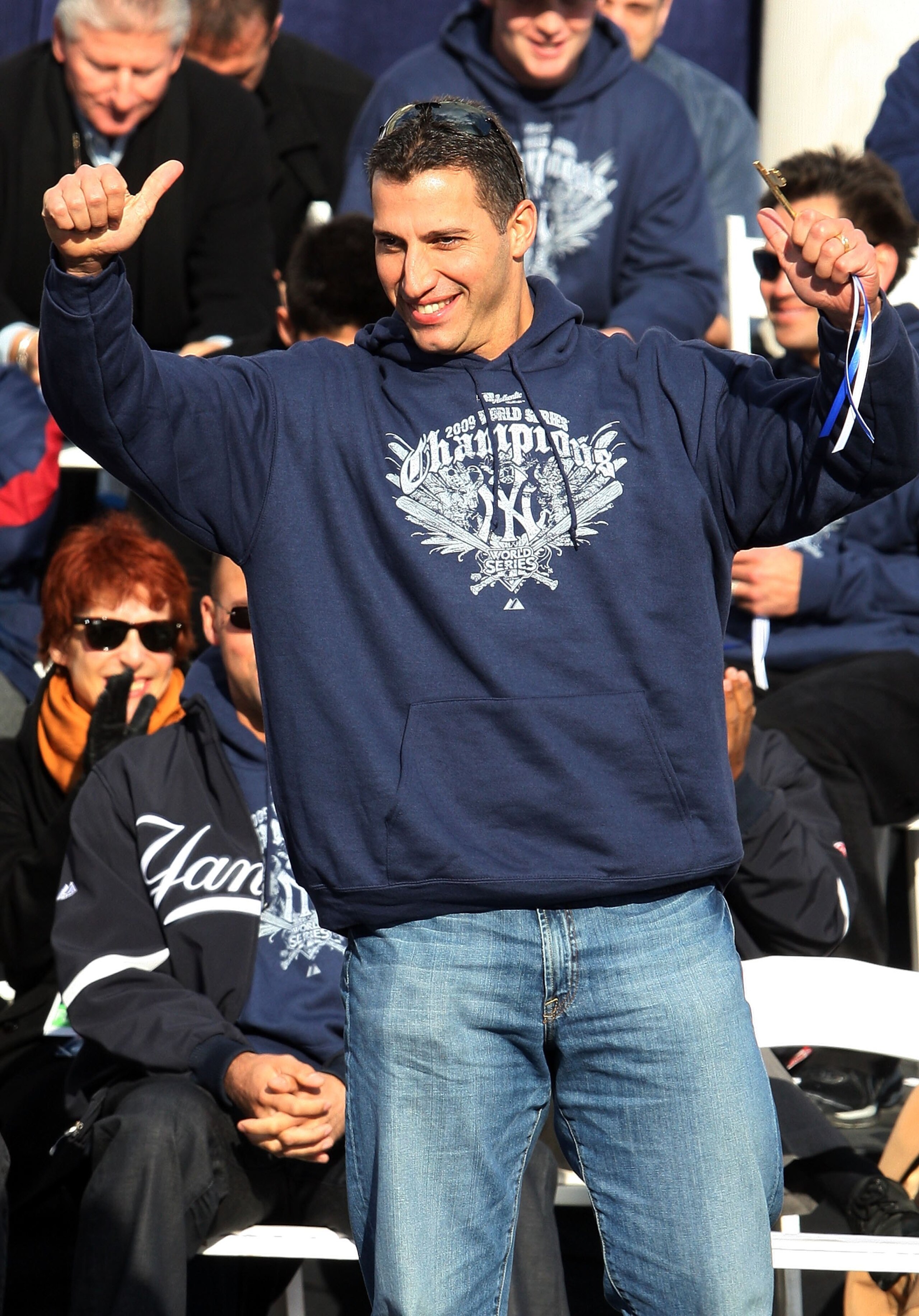 NEW YORK - NOVEMBER 06:  Andy Pettitte #46 of the New York Yankees waves to the crowd after accepting his key to the city at the New York Yankees World Series Victory Celebration at City Hall on November 6, 2009 in New York, New York.  (Photo by Jim McIsa