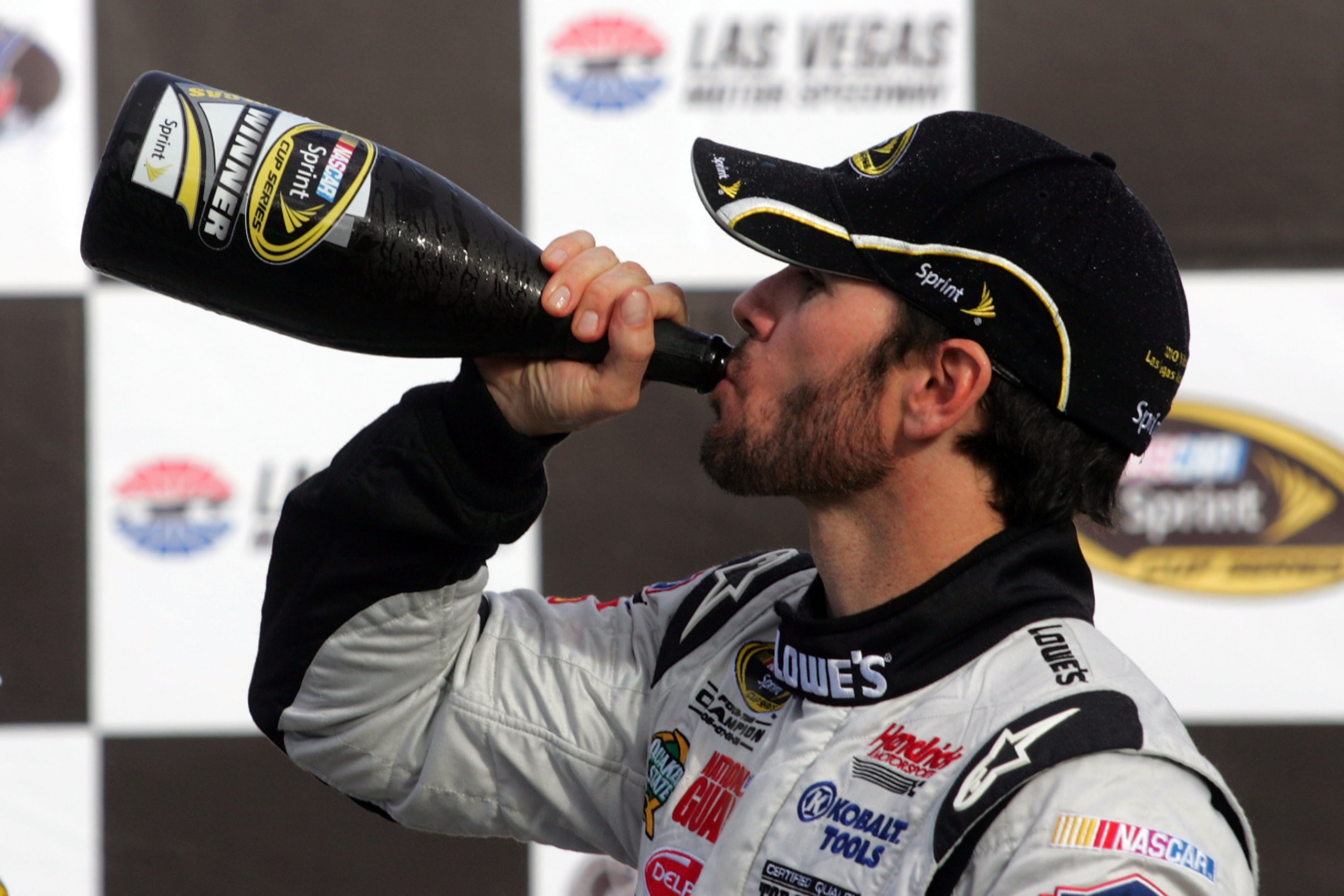 LAS VEGAS - FEBRUARY 28:  Jimmie Johnson, driver of the #48 Lowe's/Kobalt Tools Chevrolet, celebrates in Victory Lane after winning the NASCAR Sprint Cup Series Shelby American at Las Vegas Motor Speedway on February 28, 2010 in Las Vegas, Nevada.  (Photo