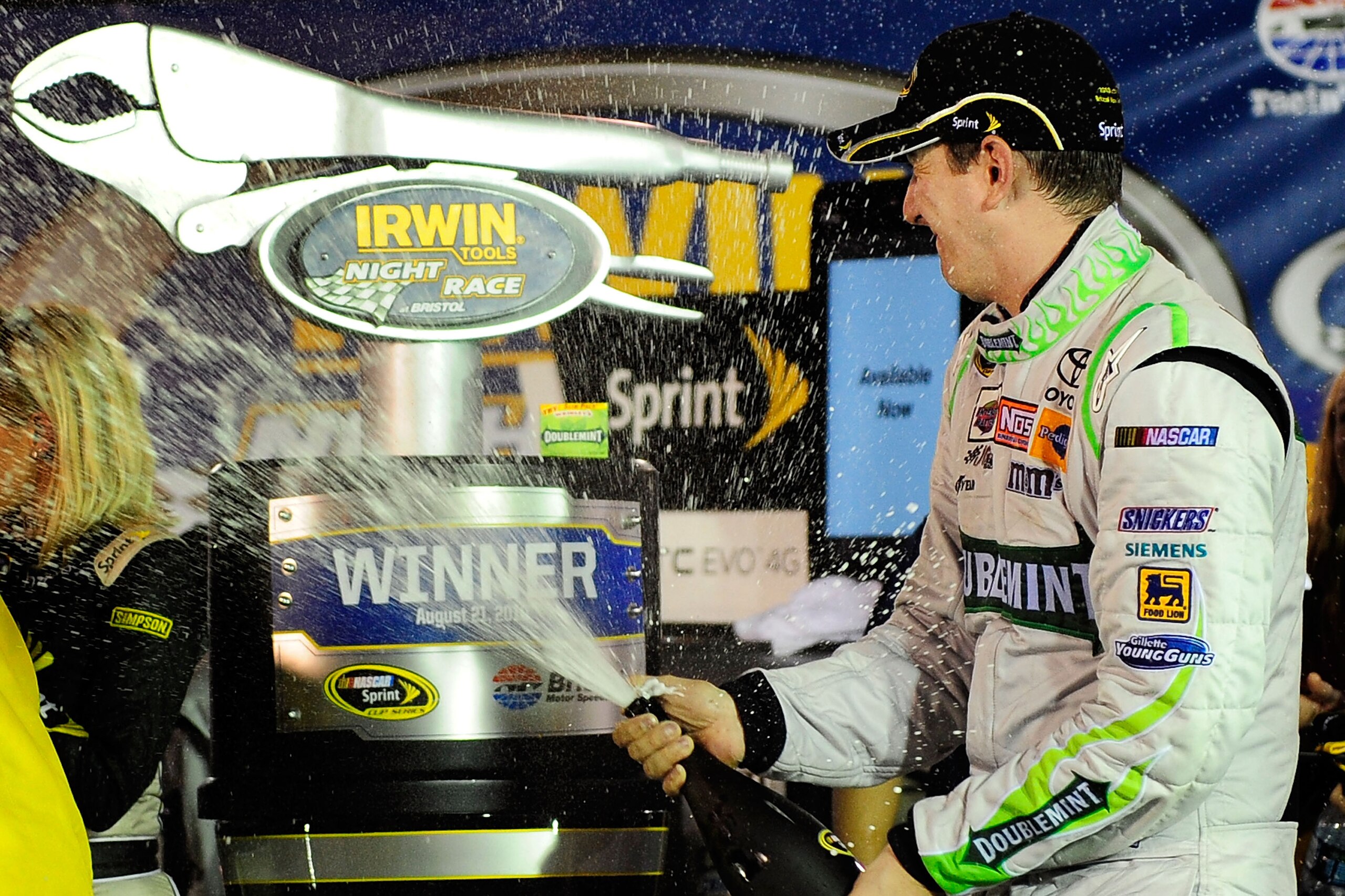 BRISTOL, TN - AUGUST 21:  Kyle Busch, driver of the #18 Doublemint Toyota, celebrates in Victory Lane after winning the NASCAR Sprint Cup Series IRWIN Tools Night Race at Bristol Motor Speedway on August 21, 2010 in Bristol, Tennessee.  (Photo by Rusty Ja