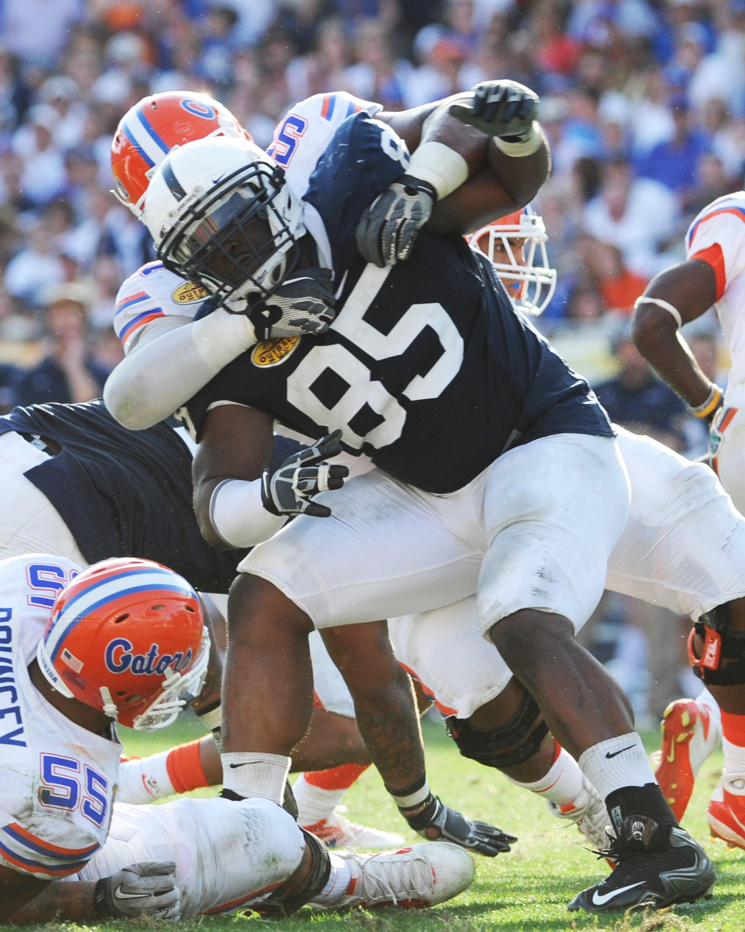 TAMPA, FL - JANUARY 1:  Defensive tackle Ollie Ogbu #85 of the Penn State Nittany Lions rushes the pocket against the Florida Gators January 1, 2010 in the 25th Outback Bowl at Raymond James Stadium in Tampa, Florida.  (Photo by Al Messerschmidt/Getty Ima