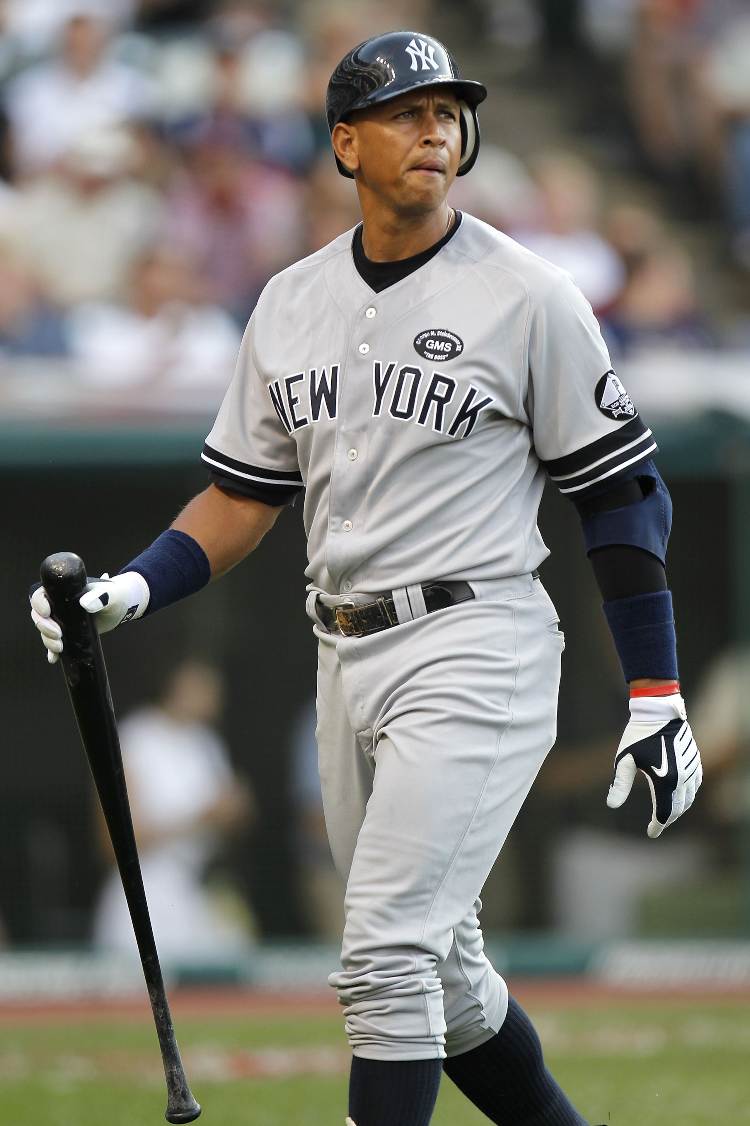 CLEVELAND - JULY 26:  Alex Rodriguez #13 of the New York Yankees heads to the dugout after a second inning strike out while playing the Cleveland Indians on July 26, 2010 at Progressive Field in Cleveland, Ohio.  (Photo by Gregory Shamus/Getty Images)