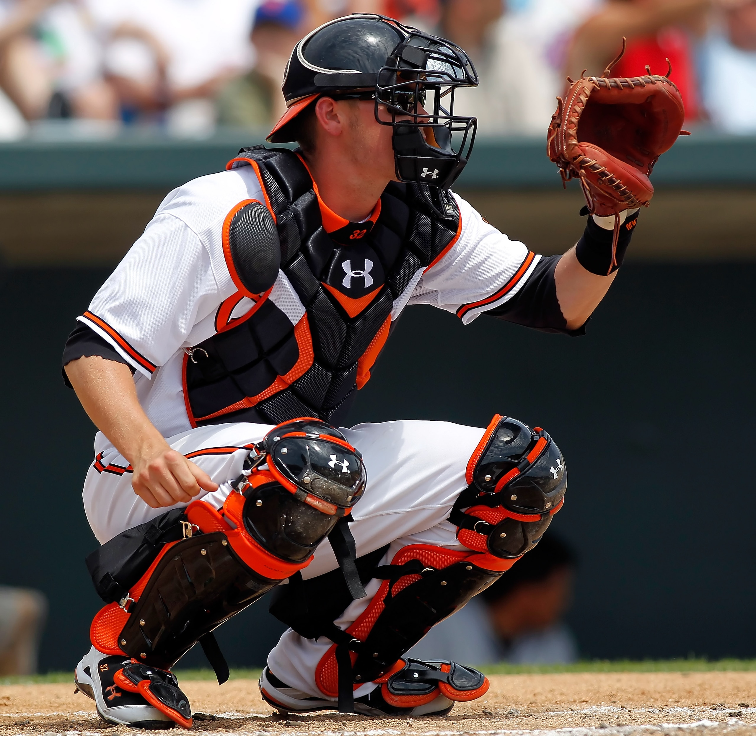 SARASOTA, FL - APRIL 03:  Catcher Matt Wieters #32 of the Baltimore Orioles catches against the New York Mets during a Grapefruit League Spring Training Game at Ed Smith Stadium on April 3, 2010 in Sarasota, Florida.  (Photo by J. Meric/Getty Images)