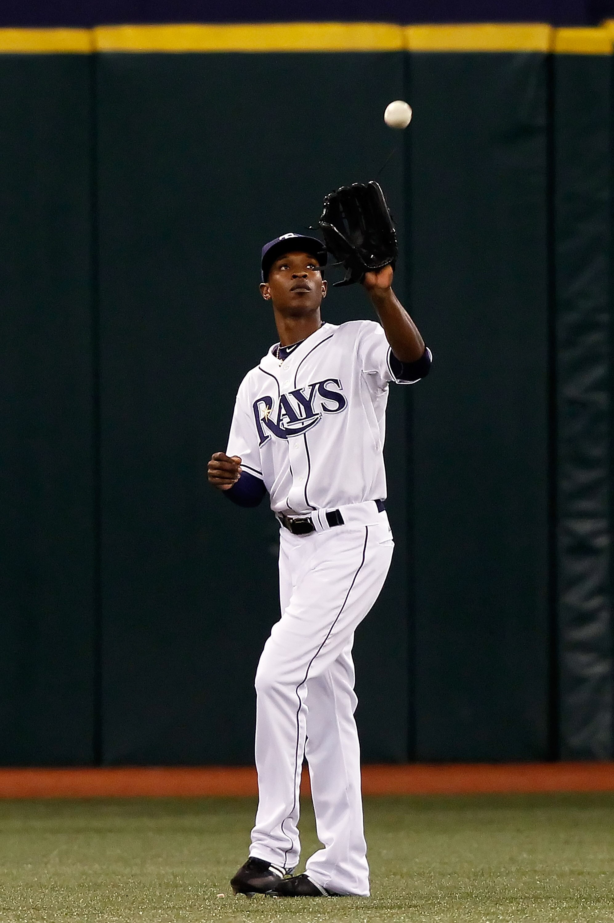 ST. PETERSBURG, FL - AUGUST 31:  Outfielder B.J. Upton #2 of the Tampa Bay Rays catches this fly ball against the Toronto Blue Jays during the game at Tropicana Field on August 31, 2010 in St. Petersburg, Florida.  (Photo by J. Meric/Getty Images)