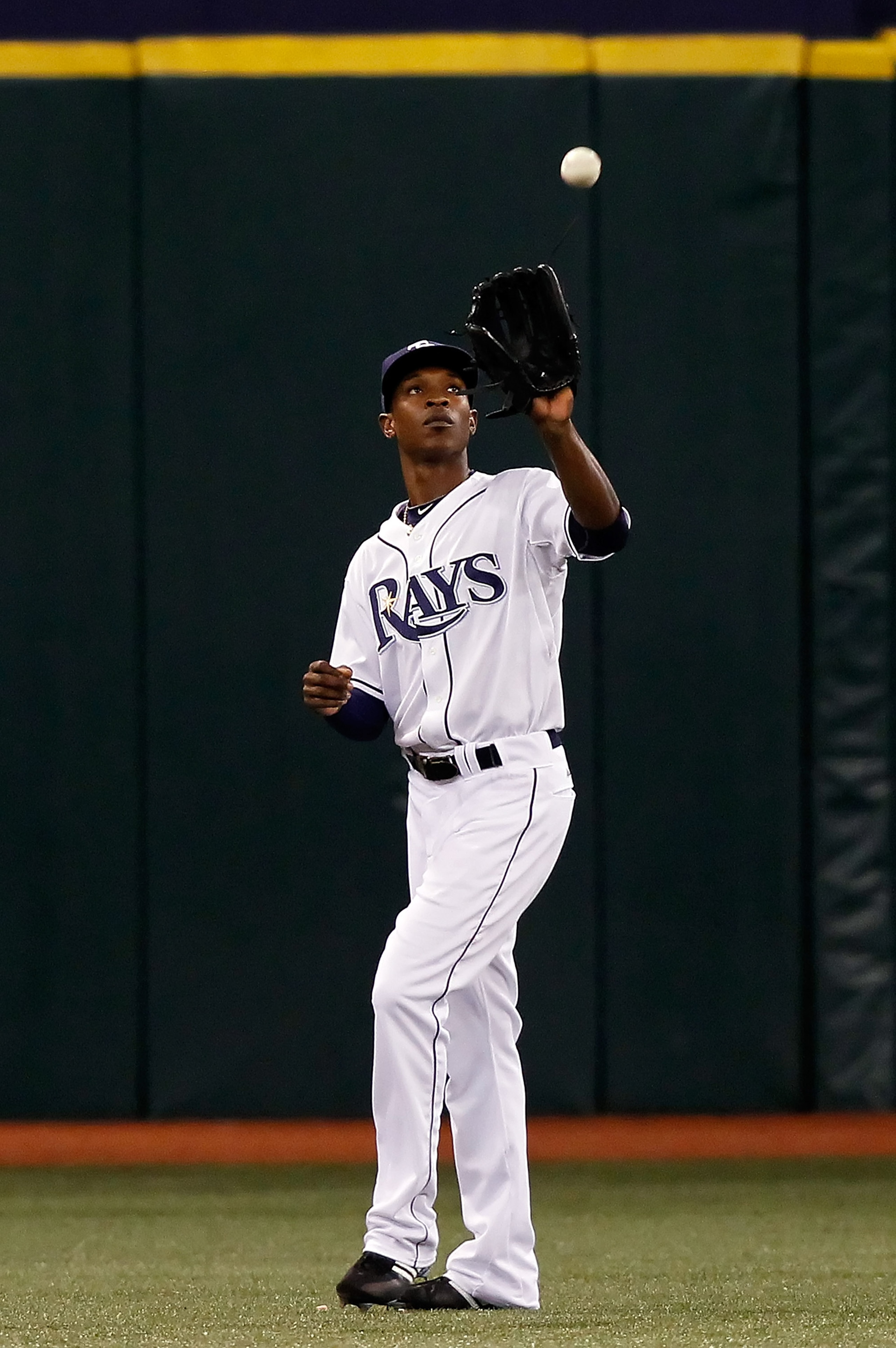 ST. PETERSBURG, FL - AUGUST 31:  Outfielder B.J. Upton #2 of the Tampa Bay Rays catches this fly ball against the Toronto Blue Jays during the game at Tropicana Field on August 31, 2010 in St. Petersburg, Florida.  (Photo by J. Meric/Getty Images)