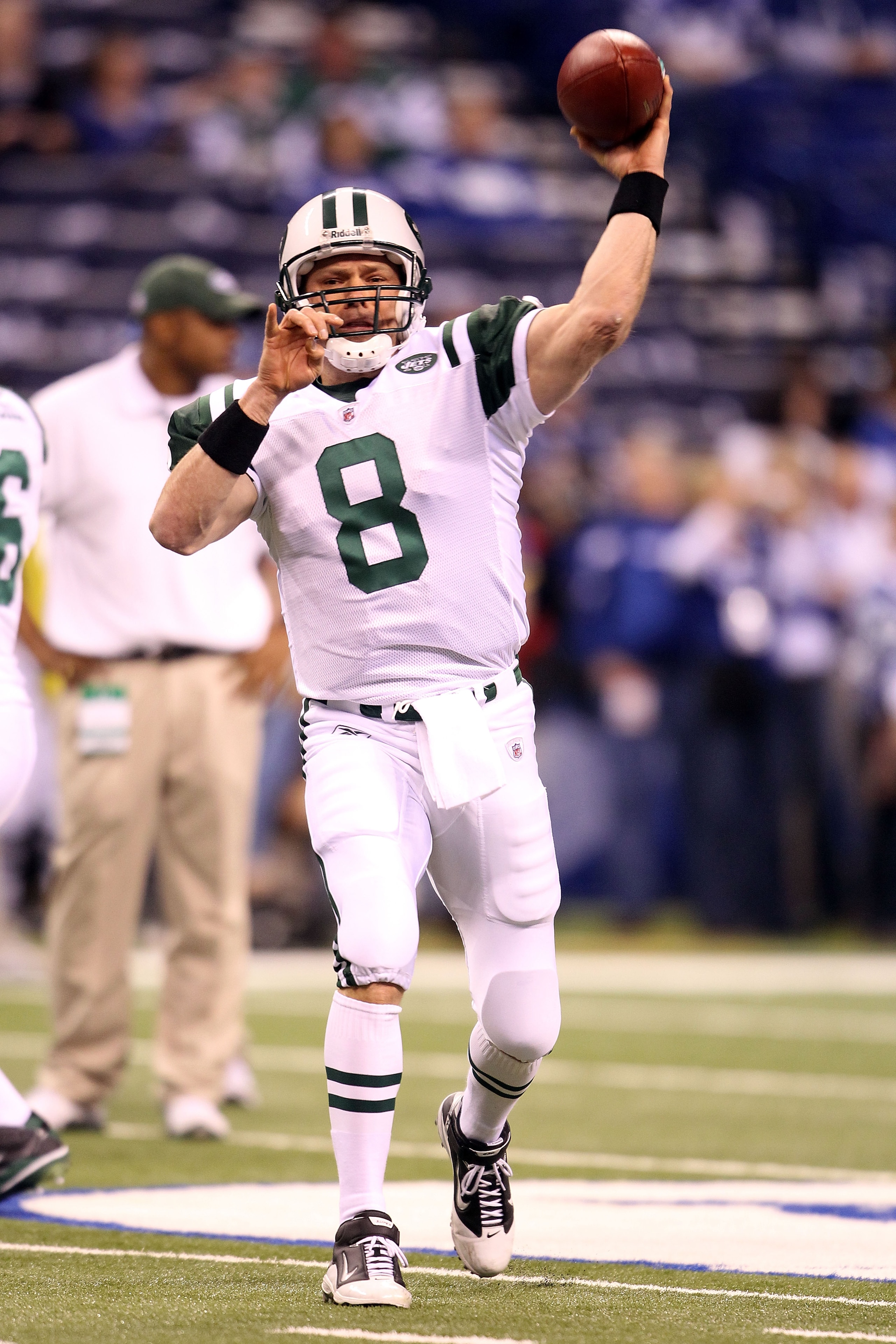 INDIANAPOLIS, IN - JANUARY 08:  Mark Brunell #8 of the New York Jets warms up against the Indianapolis Colts during their 2011 AFC wild card playoff game at Lucas Oil Stadium on January 8, 2011 in Indianapolis, Indiana. The Jets won 17-16. (Photo by Andy