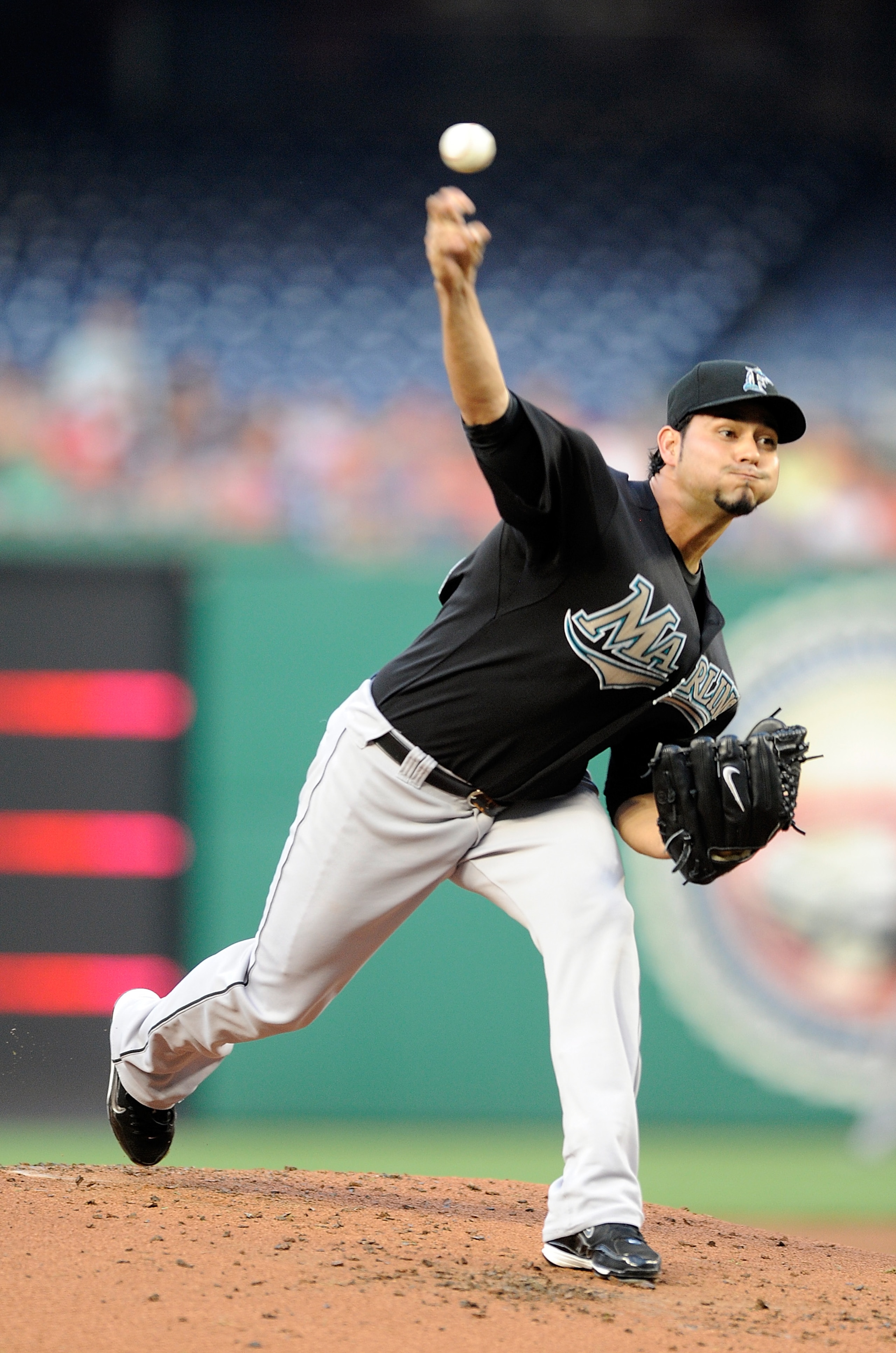 WASHINGTON - AUGUST 10:  Anibal Sanchez #19 of the Florida Marlins pitches against the Washington Nationals at Nationals Park on August 10, 2010 in Washington, DC.  (Photo by Greg Fiume/Getty Images)
