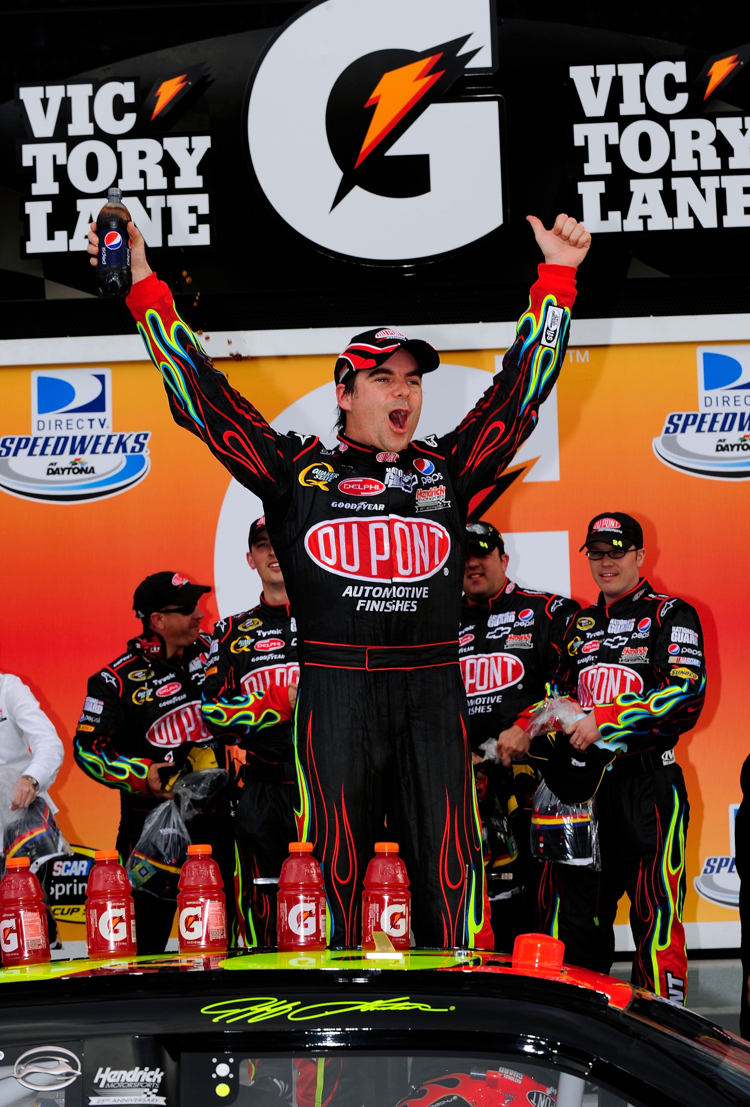 DAYTONA BEACH, FL - FEBRUARY 12: Jeff Gordon, driver of the #24 DuPont Chevrolet, celebrates in victory lane after winning the NASCAR Sprint Cup Series Gatorade Duel 1 at Daytona International Speedway on February 12, 2009 in Daytona Beach, Florida.  (Pho