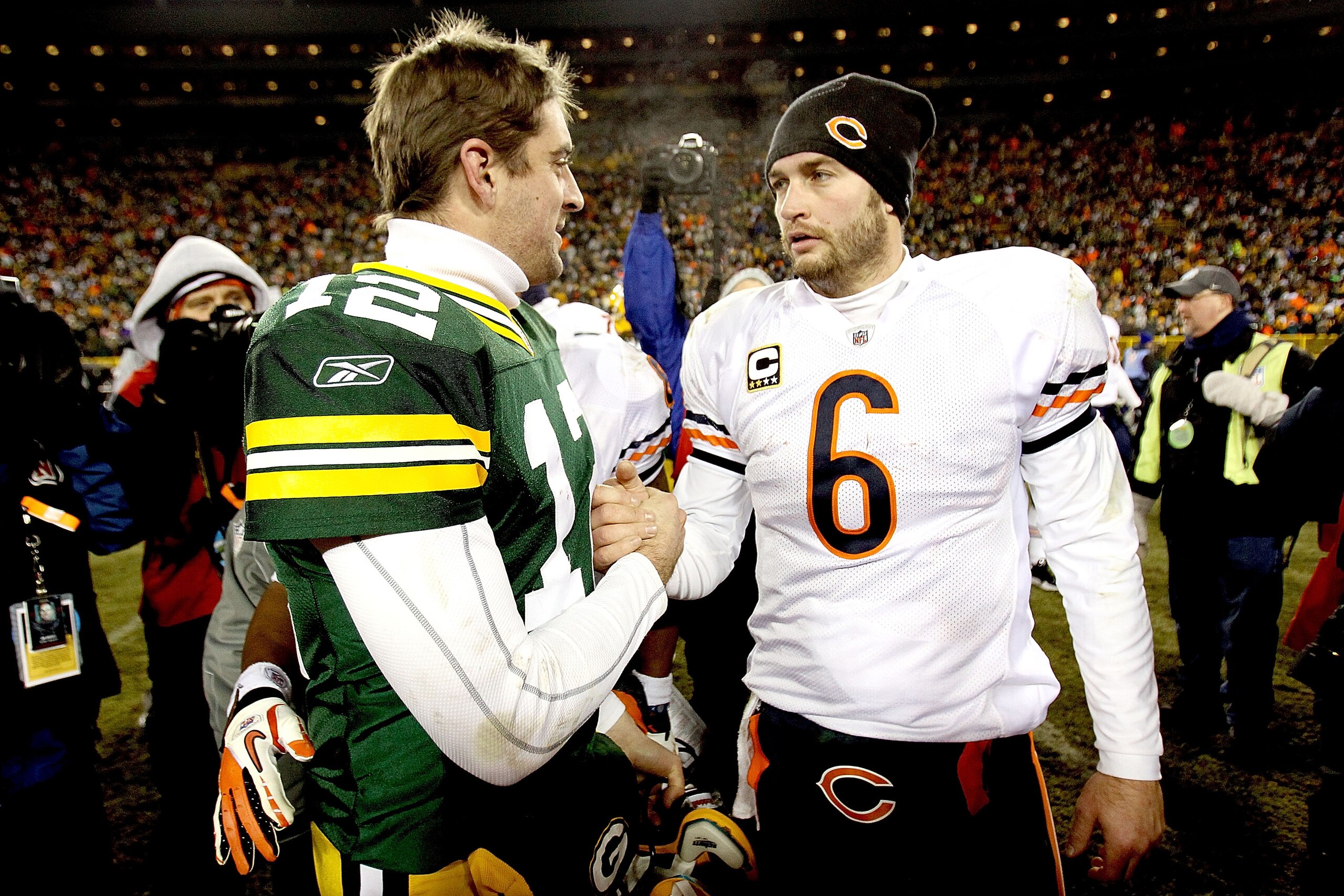 GREEN BAY, WI - JANUARY 02: Quarterback Aaron Rodgers #12 of the Green Bay Packers is congratukated by quarterback Jay Cutler #6 of the Chicago Bears at Lambeau Field on January 2, 2011 in Green Bay, Wisconsin. (Photo by Matthew Stockman/Getty Images) GREEN BAY, WI - JANUARY 02: Quarterback Aaron Rodgers #12 of the Green Bay Packers is congratukated by quarterback Jay Cutler #6 of the Chicago Bears at Lambeau Field on January 2, 2011 in Green Bay, Wisconsin. (Photo by Matthew Stockman/Getty Images)