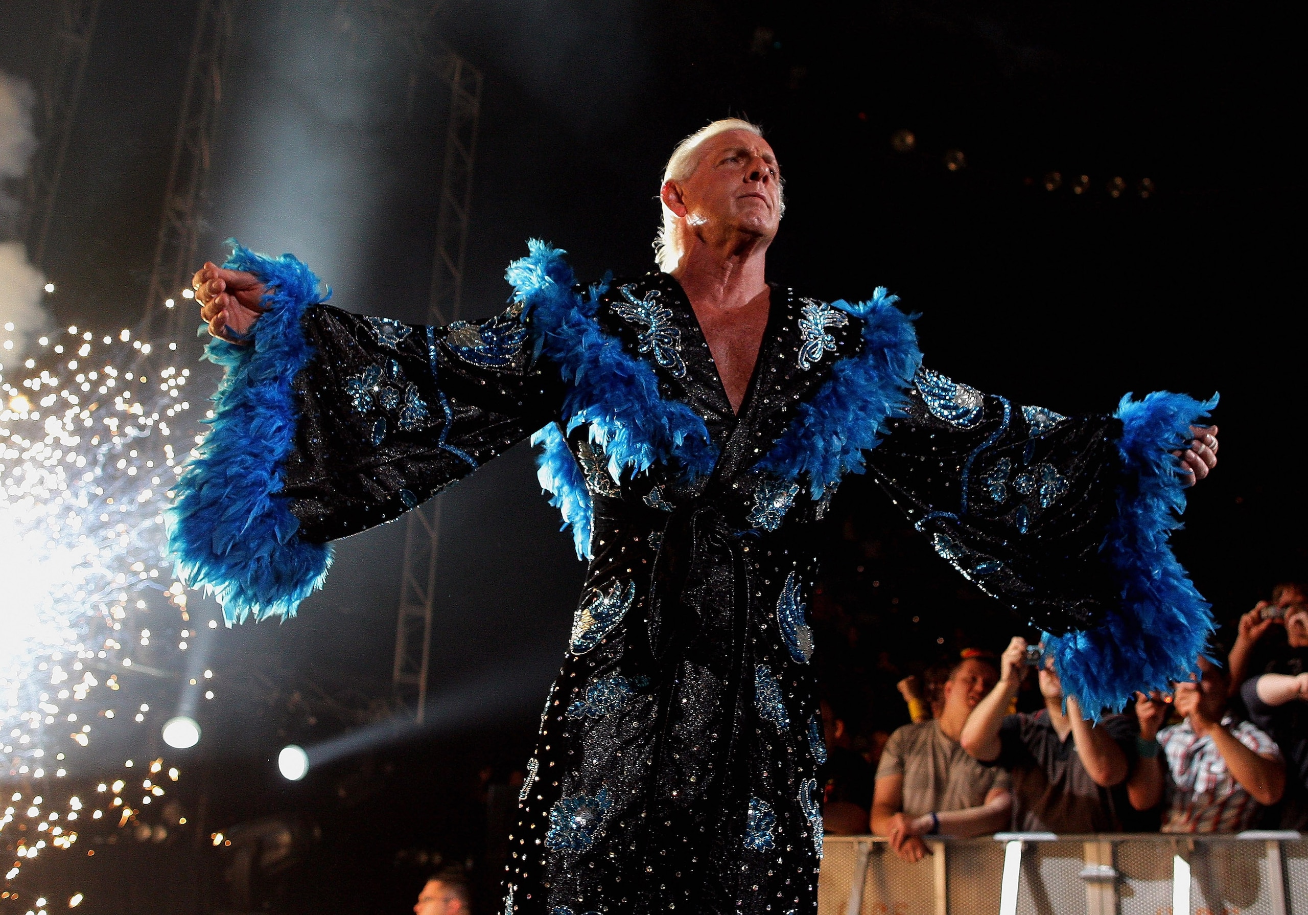 MELBOURNE, AUSTRALIA - NOVEMBER 21:  Hulk Hogan's opponent Ric Flair is greeted by the crowd during Hulk Hogan's Hulkamania Tour at Rod Laver Arena on November 21, 2009 in Melbourne, Australia.  (Photo by Mark Dadswell/Getty Images)