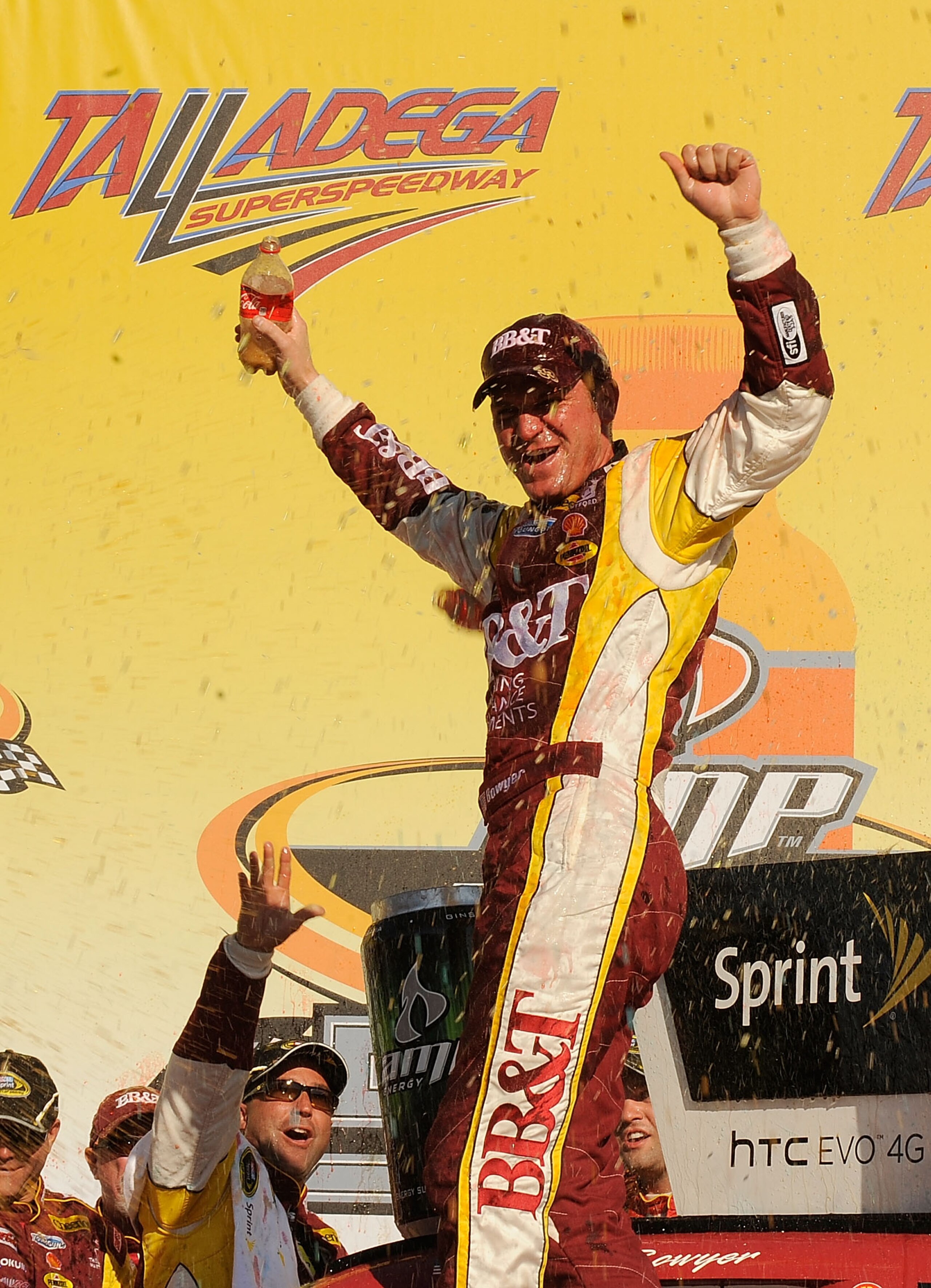 TALLADEGA, AL - OCTOBER 31:  Clint Bowyer, driver of the #33 BB&T Chevrolet, celebrates in a Victory Lane after winning the NASCAR Sprint Cup Series AMP Energy Juice 500 at Talladega Superspeedway on October 31, 2010 in Talladega, Alabama.  (Photo by Rust