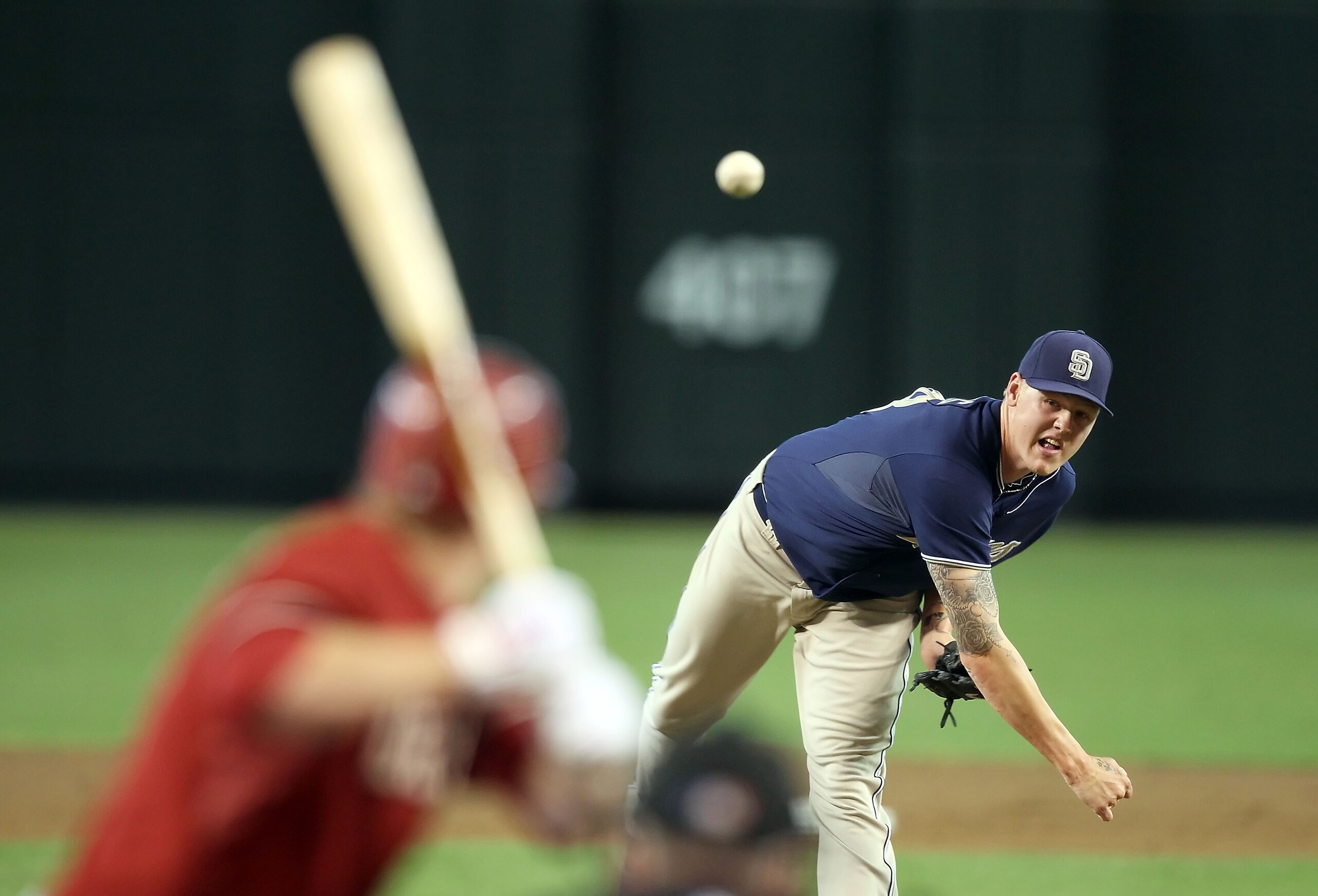 PHOENIX - SEPTEMBER 01:  Starting pitcher Mat Latos #38 of the San Diego Padres pitches against the Arizona Diamondbacks during the Major League Baseball game at Chase Field on September 1, 2010 in Phoenix, Arizona. The Diamondbacks defeated the Padres 5-