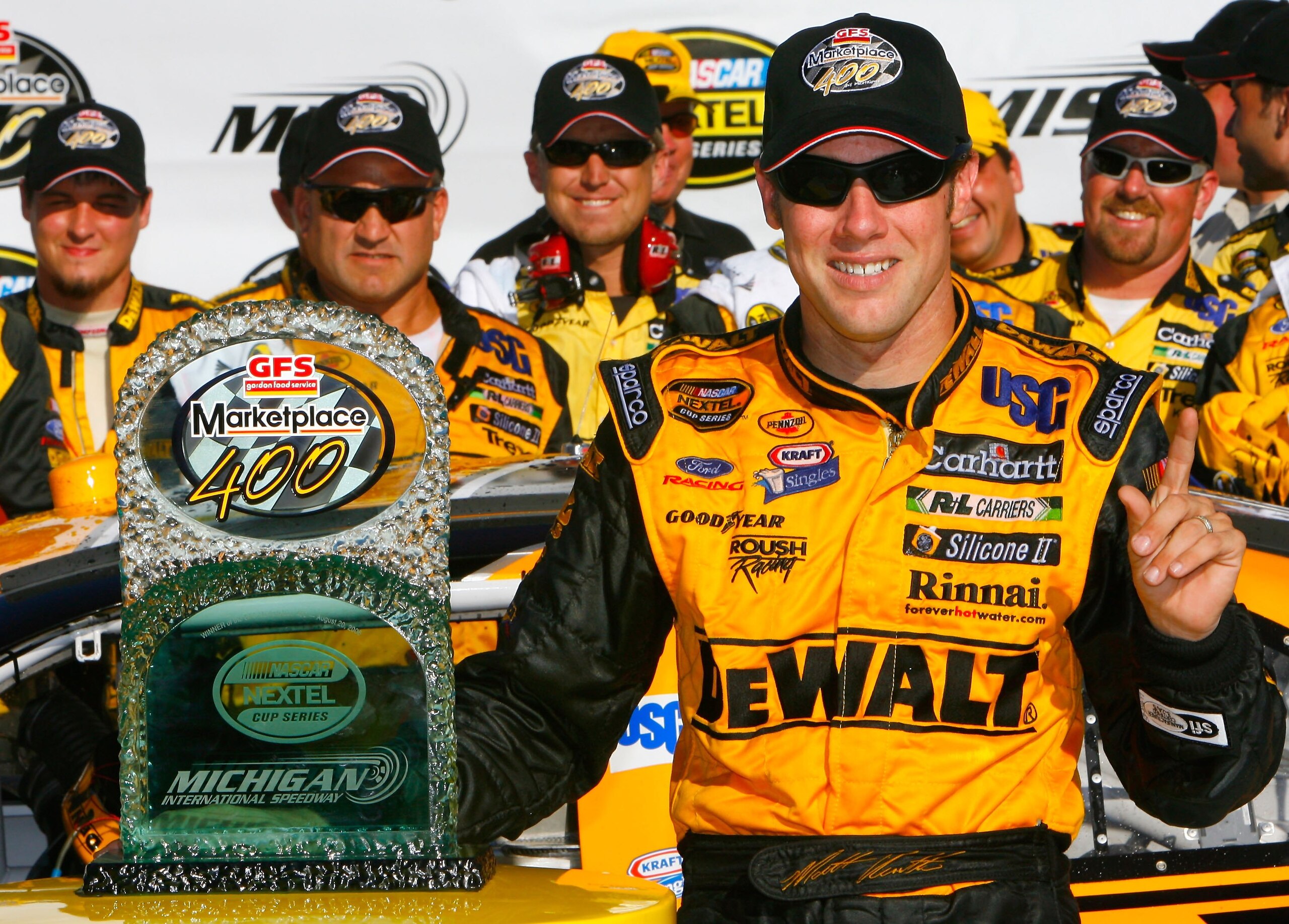 BROOKLYN - AUGUST 20:  Matt Kenseth, driver of the #17 DeWalt Ford, poses for pictures in victory lane after winning the NASCAR Nextel Cup Series GFS Marketplace 400 on August 20, 2006 at Michigan International Speedway in Brooklyn, Michigan.  (Photo by R