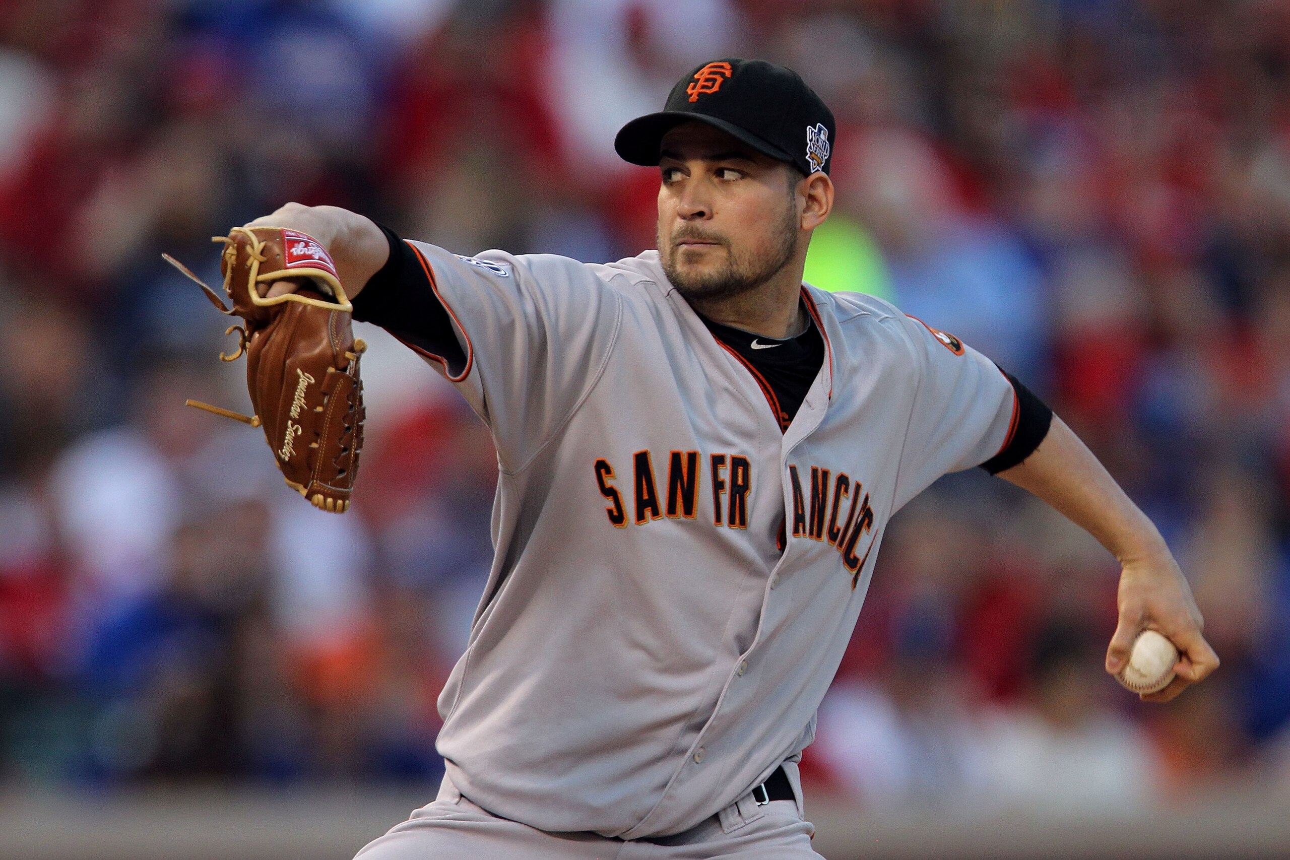 ARLINGTON, TX - OCTOBER 30:  Starting pitcher Jonathan Sanchez #57 of the San Francisco Giants pitches against the Texas Rangers in Game Three of the 2010 MLB World Series at Rangers Ballpark in Arlington on October 30, 2010 in Arlington, Texas.  (Photo b