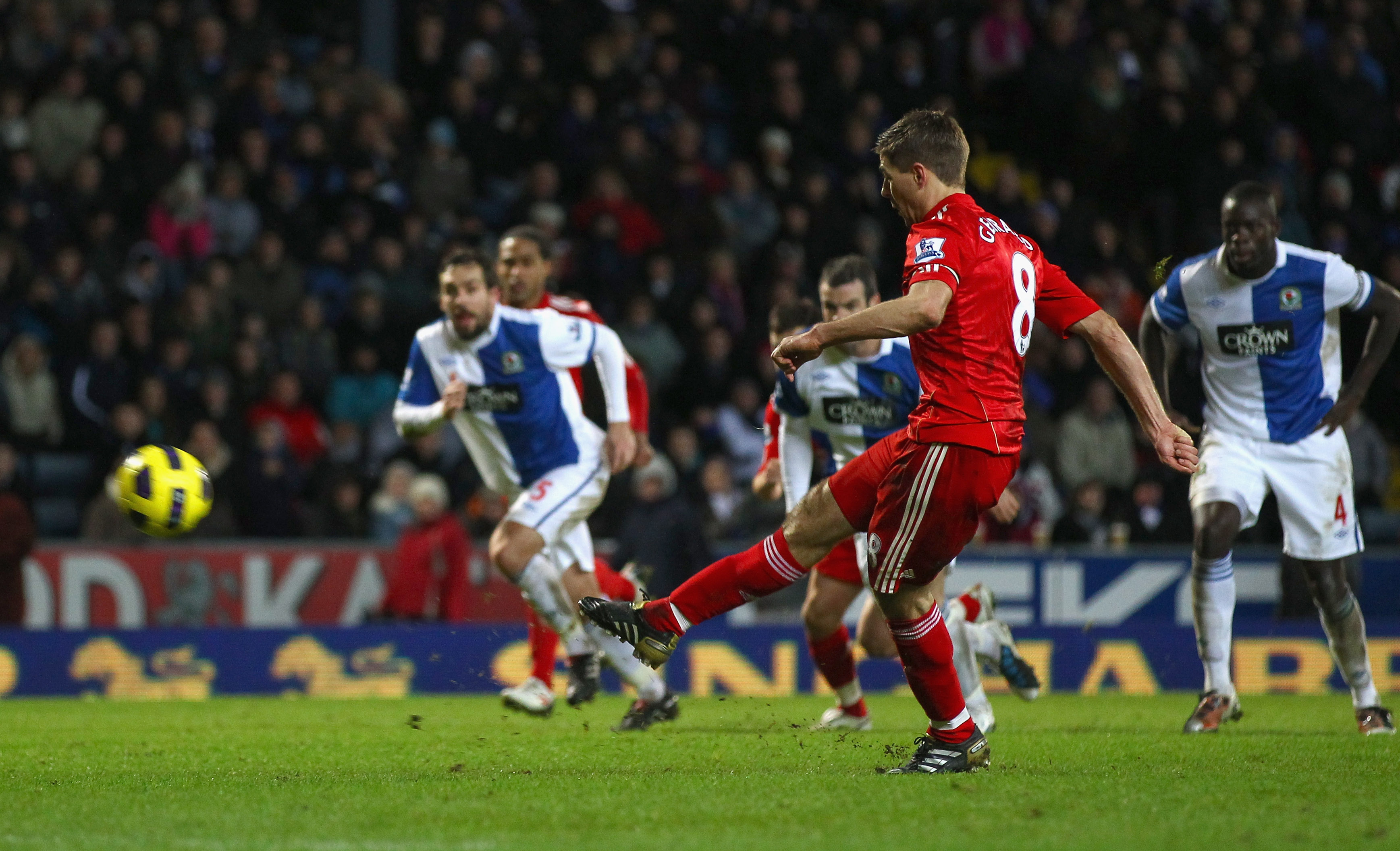BLACKBURN, ENGLAND - JANUARY 05: Steven Gerrard of Liverpool fires his penalty over the cross bar during the Barclays Premier League match between Blackburn Rovers and Liverpool at Ewood park on January 5, 2011 in Blackburn, England.  (Photo by Clive Brun
