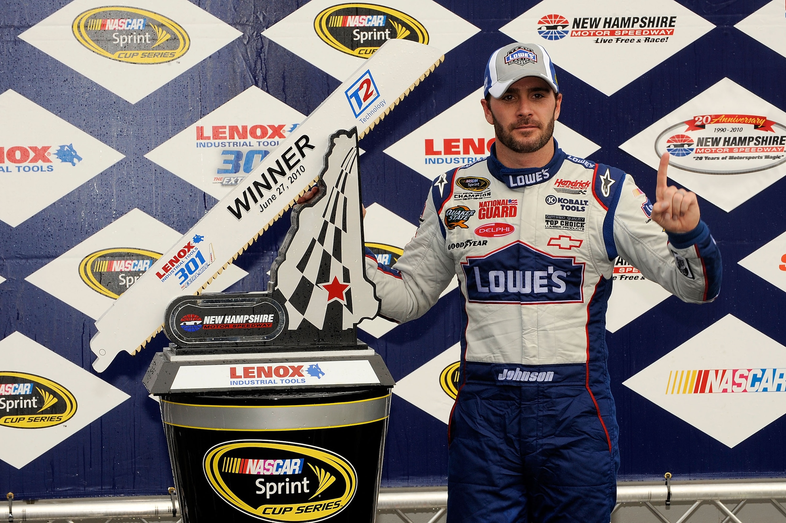 LOUDON, NH - JUNE 27:  Jimmie Johnson, driver of the #48 Lowe's Chevrolet, celebrates in Victory Lane after winning the NASCAR Sprint Cup Series LENOX Industrial Tools 301 at New Hampshire Motor Speedway on June 27, 2010 in Loudon, New Hampshire.  (Photo