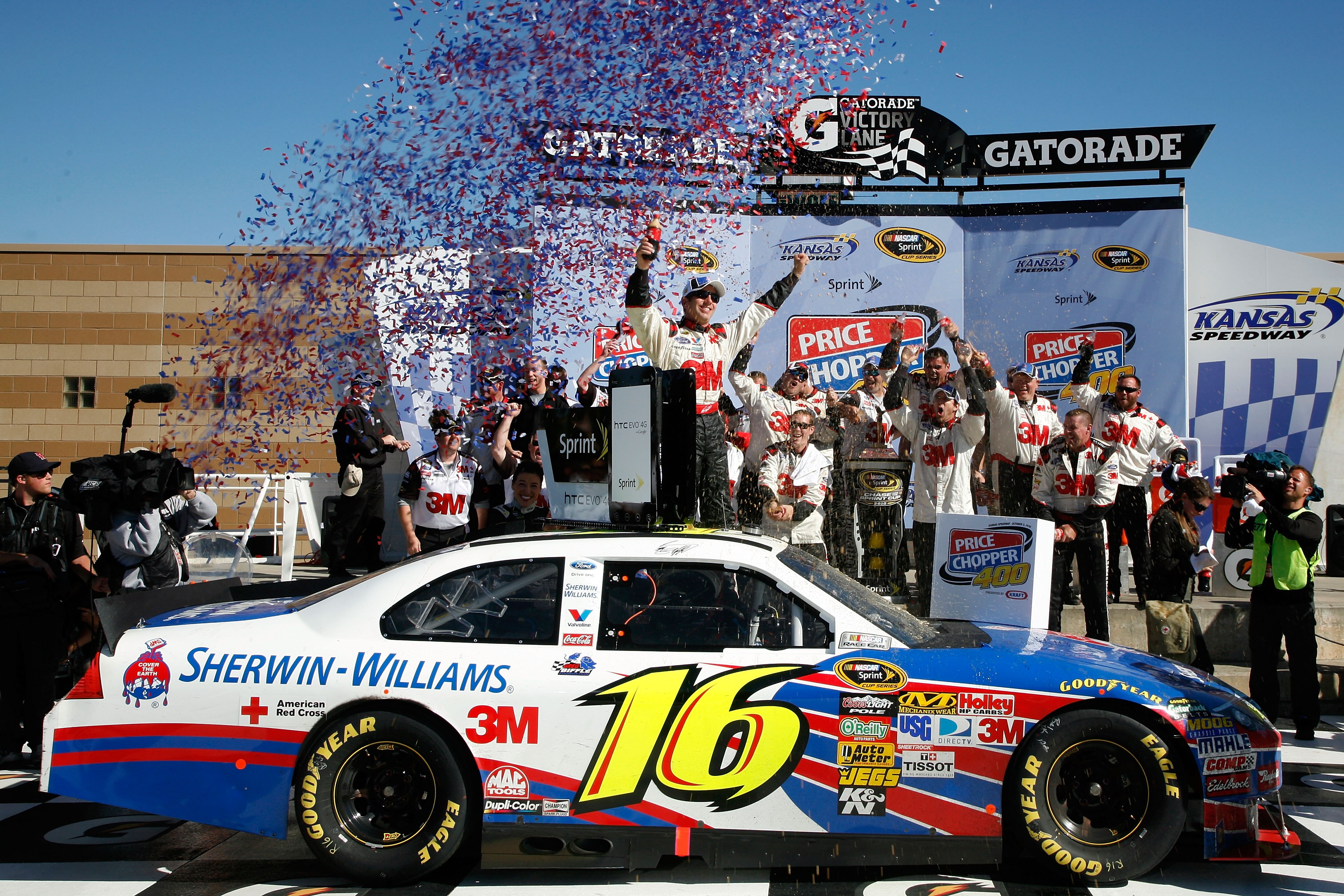 KANSAS CITY, KS - OCTOBER 03:  Greg Biffle, driver of the #16 3M Ford, celebrates in victory lane after winning the NASCAR Sprint Cup Series Price Chopper 400 on October 3, 2010 in Kansas City, Kansas.  (Photo by Jerry Markland/Getty Images for NASCAR)