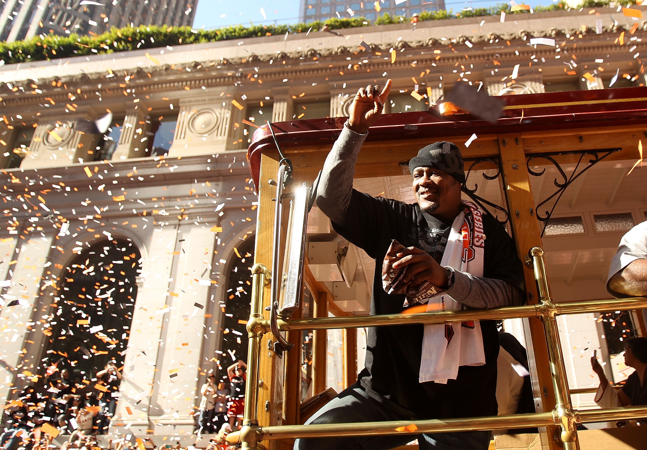 SAN FRANCISCO - NOVEMBER 03:  Juan Uribe of the San Francisco Giants waves to the crowd during the San Francisco Giants victory parade on November 3, 2010 in San Francisco, California.  (Photo by Ezra Shaw/Getty Images)