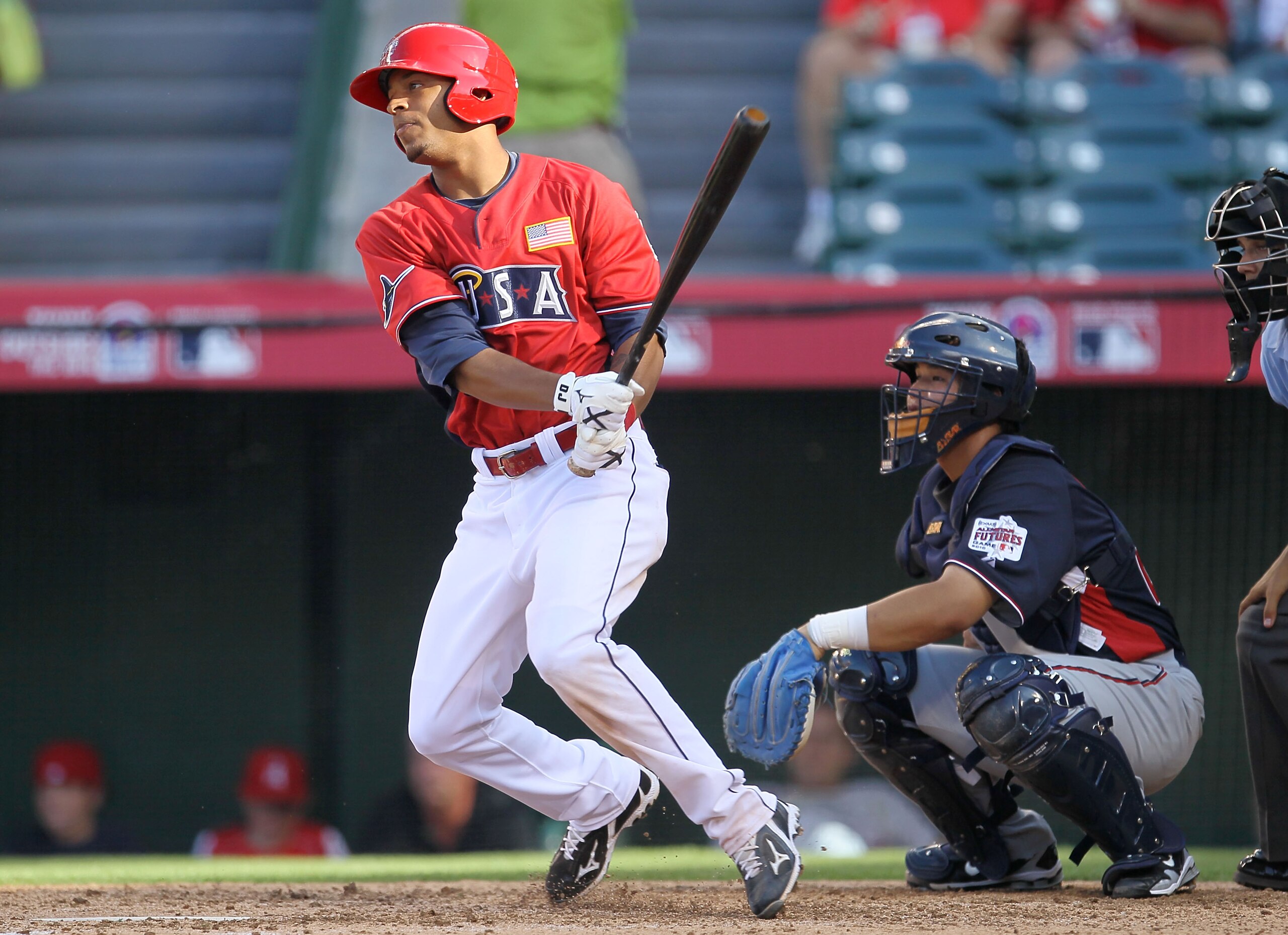 ANAHEIM, CA - JULY 11:  U.S. Futures All-Star Desmond Jennings #15 of the Tampa Bay Rays at bat during the 2010 XM All-Star Futures Game at Angel Stadium of Anaheim on July 11, 2010 in Anaheim, California.  (Photo by Stephen Dunn/Getty Images)