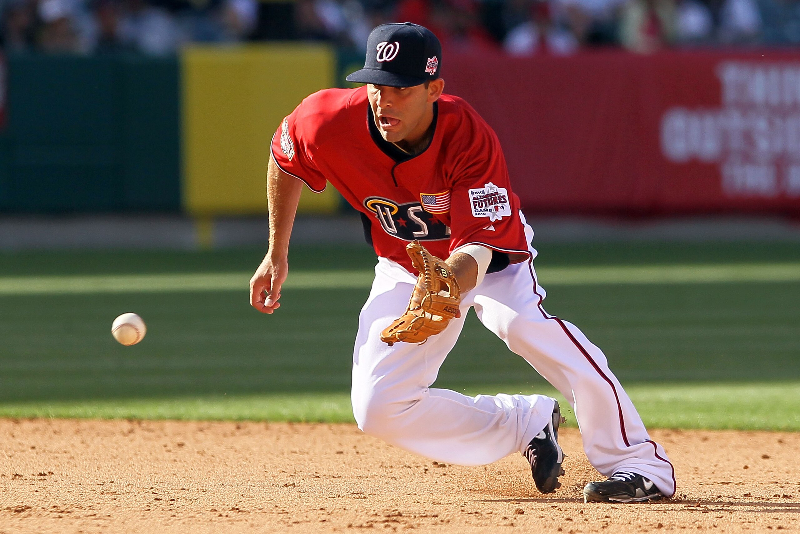 ANAHEIM, CA - JULY 11:  U.S. Futures All-Star Danny Espinosa #8 of the Washington Nationals goes for the catch during the 2010 XM All-Star Futures Game at Angel Stadium of Anaheim on July 11, 2010 in Anaheim, California.  (Photo by Jeff Gross/Getty Images