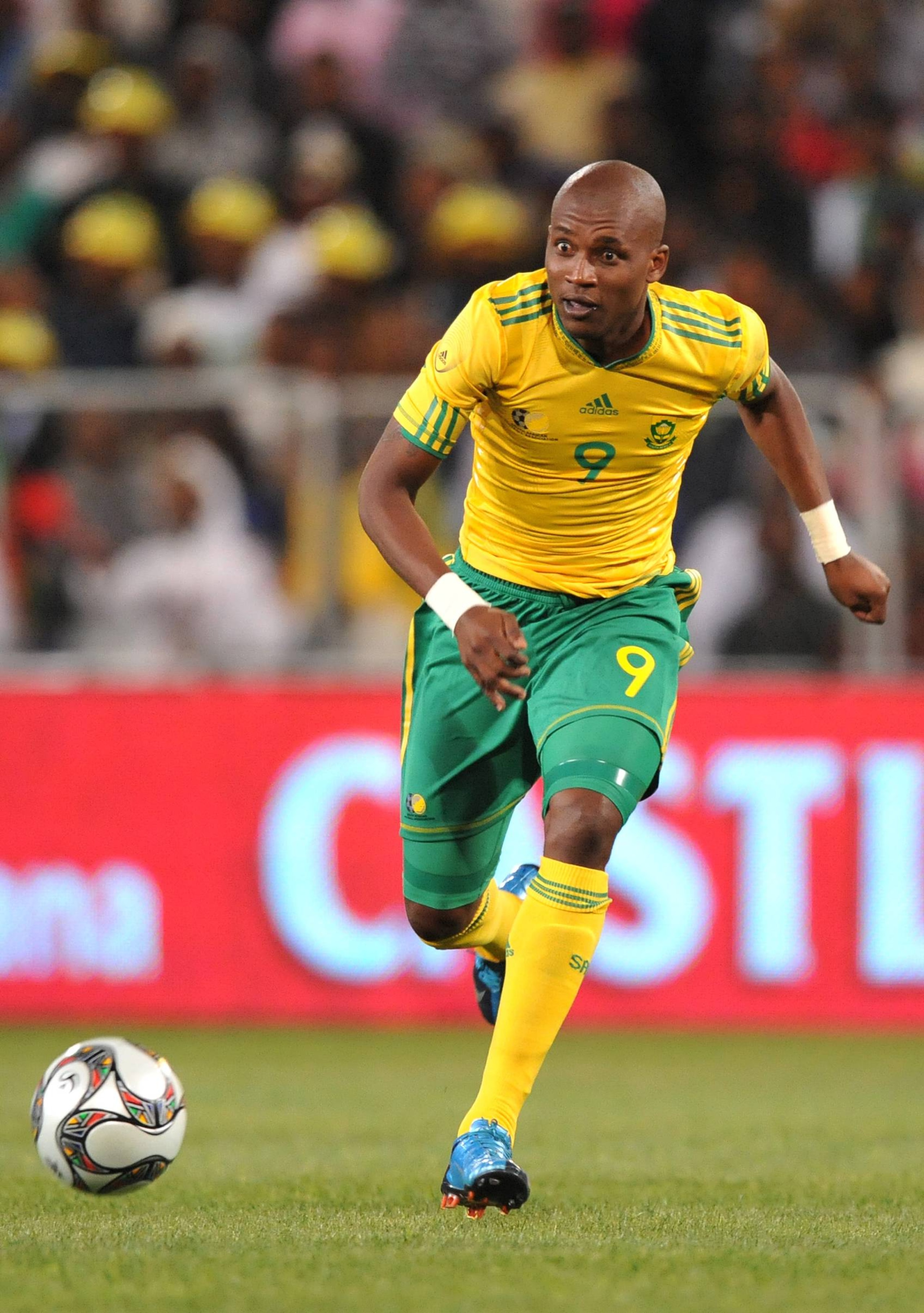 BLOEMFONTEIN, SOUTH AFRICA - NOVEMBER 17:  Katlego Mphela of South Africa on the run during the International Friendly match between South Africa and Jamaica at Vodacom Park on November 17, 2009 in Bloemfontein, South Africa.  (Photo by Duif du Toit/Gallo