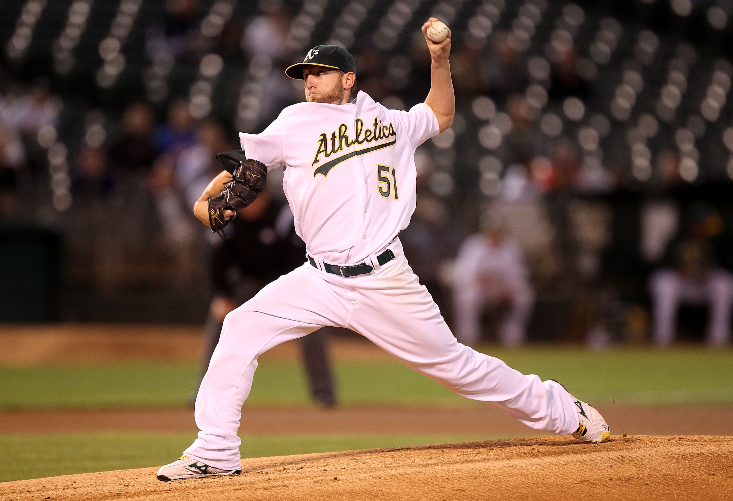 OAKLAND, CA - SEPTEMBER 23:  Dallas Braden #51 of the Oakland Athletics pitches against the Texas Rangers during a Major League Baseball game at the Oakland-Alameda County Coliseum on September 23, 2010 in Oakland, California. (Photo by Jed Jacobsohn/Gett