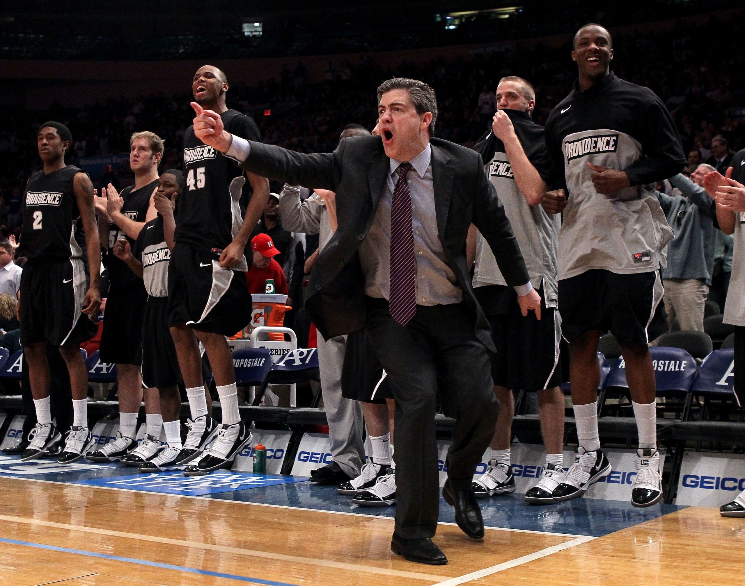 NEW YORK - MARCH 09:  Head coach Keno Davis of the Providence Friars reacts from the bench against the Seton Hall Pirates during the first round game of the Big East Basketball Tournament at Madison Square Garden on March 9, 2010 in New York, New York.  (