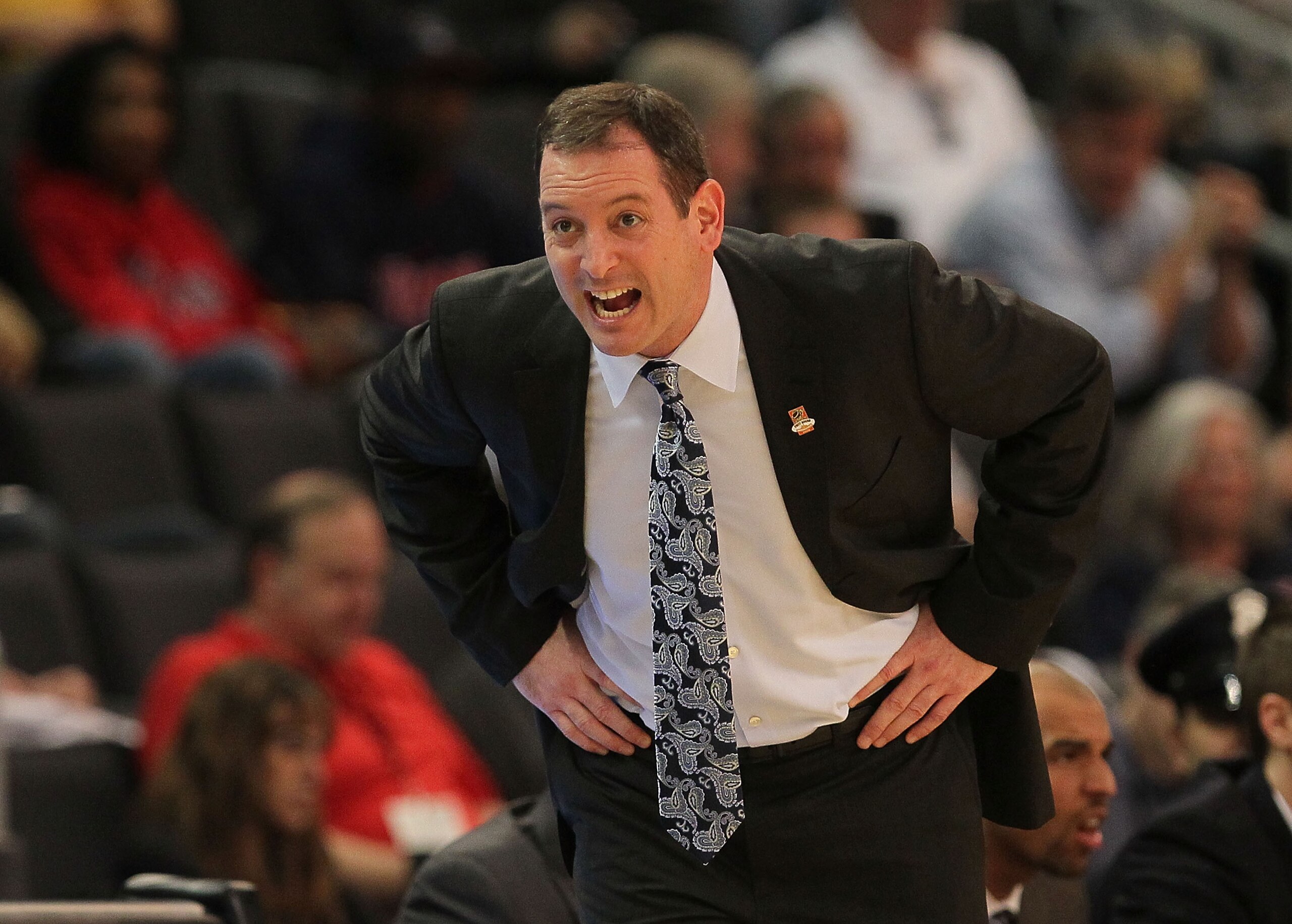 PROVIDENCE, RI - MARCH 18:  Coach Mike Rice of the Robert Morris Colonials reacts against the Villanova Wildcats during the first round of the NCAA men's basketball tournament at Dunkin' Donuts Center on March 18, 2010 in Providence, Rhode Island. (Photo