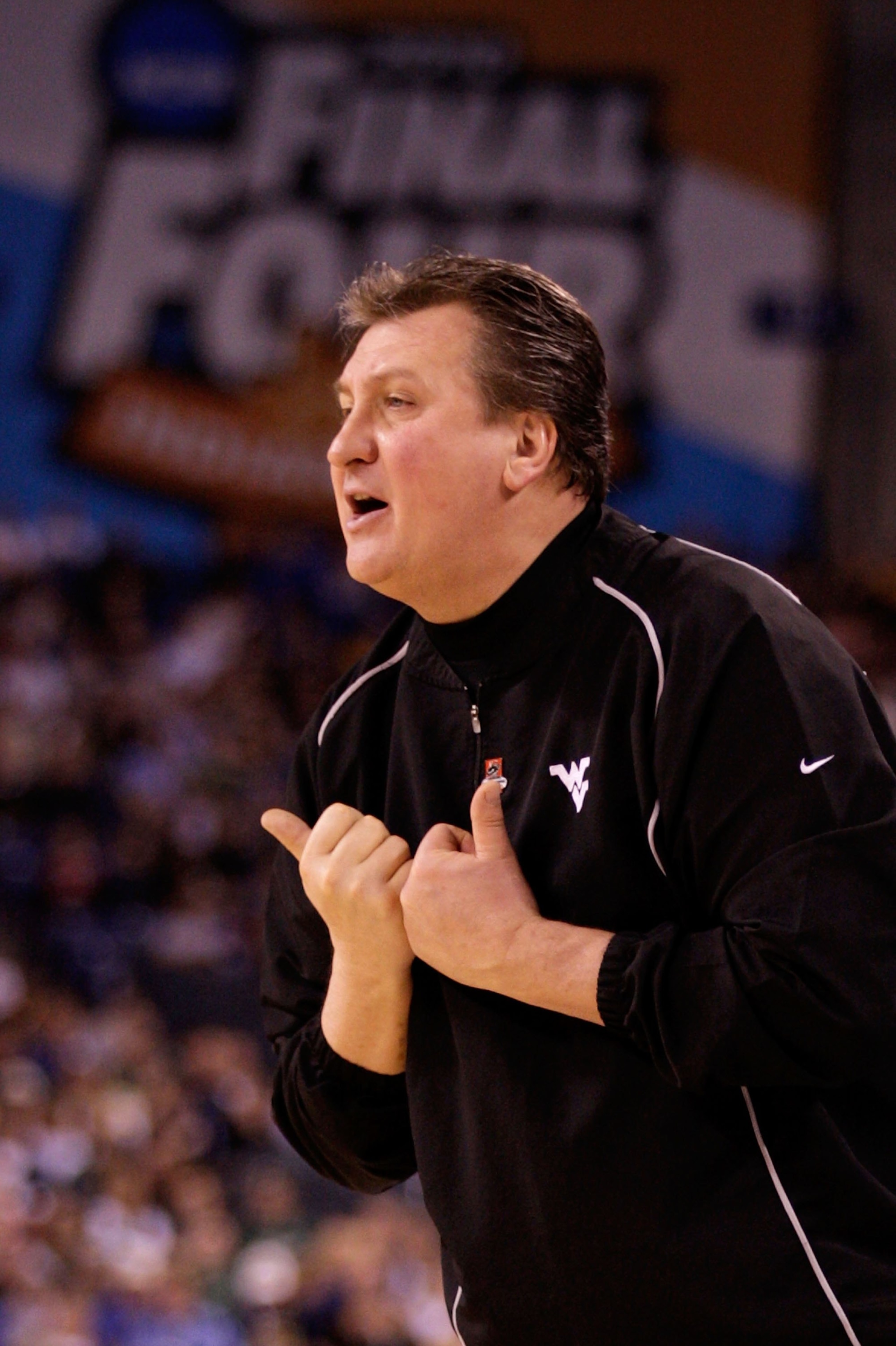 INDIANAPOLIS - APRIL 03:  Head coach Bob Huggins of the West Virginia Mountaineers reacts while taking on the Duke Blue Devils during the National Semifinal game of the 2010 NCAA Division I Men's Basketball Championship at Lucas Oil Stadium on April 3, 20