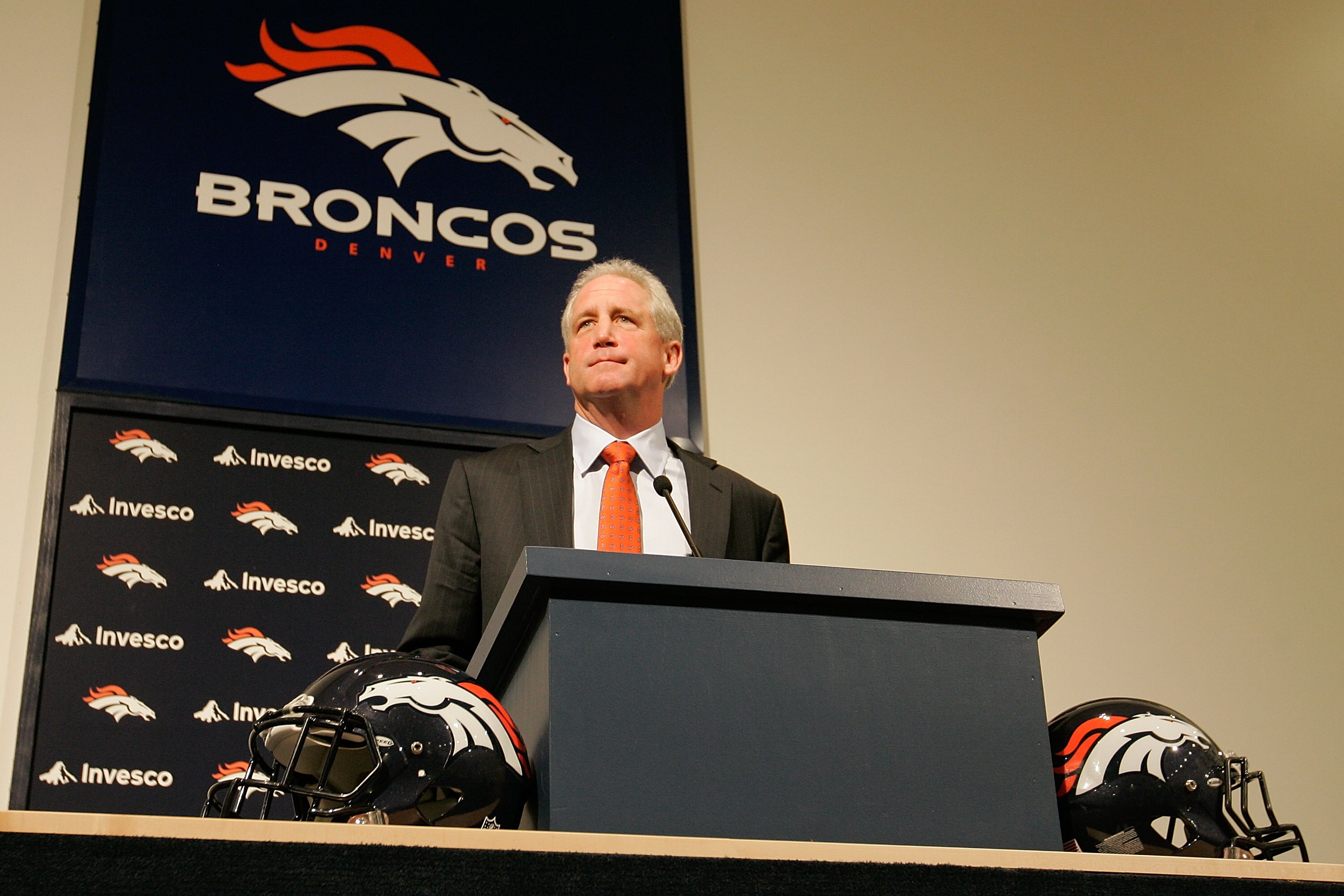 ENGLEWOOD, CO - JANUARY 14:  Denver Broncos head coach John Fox addresses the media at Dove Valley on January 14, 2011 in Englewood, Colorado. Fox was named the 14th head coach in Broncos history yesterday after spending the last nine seasons as head coac