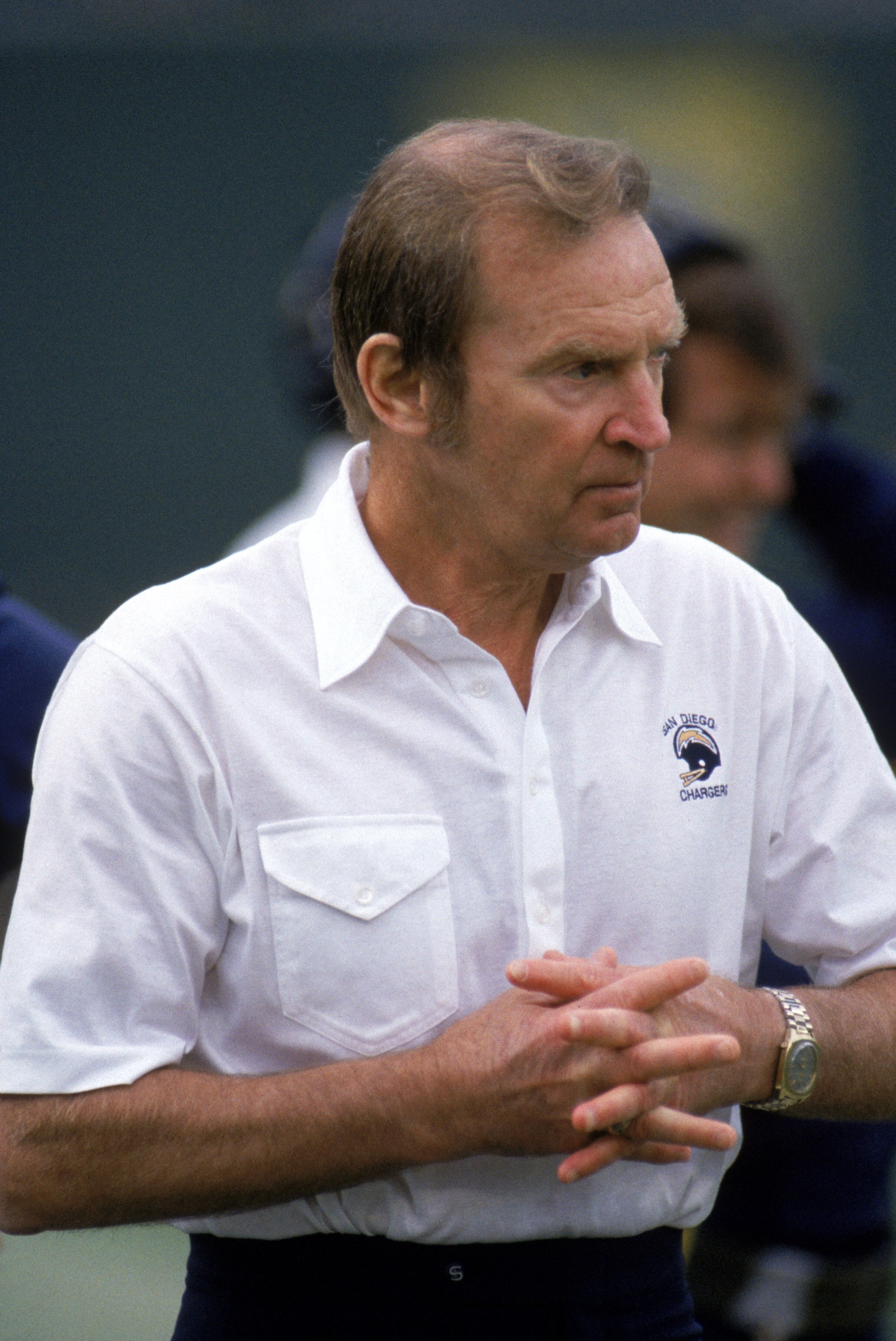 SAN DIEGO - NOVEMBER 10:  Head coach Don Coryell of the San Diego Chargers watches the action from the sidelines during a game against the Los Angeles Raiders at Jack Murphy Stadium on November 10, 1985 in San Diego, California.  The Chargers won 40-34 in