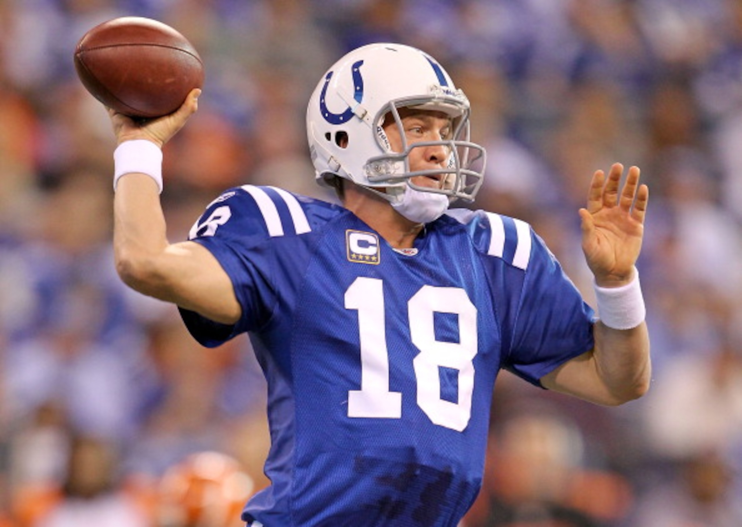 INDIANAPOLIS - NOVEMBER 14:  Peyton Manning #18 of the Indianapolis Colts throws a pass during the NFL game against the Cincinnati Bengals at Lucas Oil Stadium on November 14, 2010 in Indianapolis, Indiana. The Colts won 23-17.  (Photo by Andy Lyons/Getty