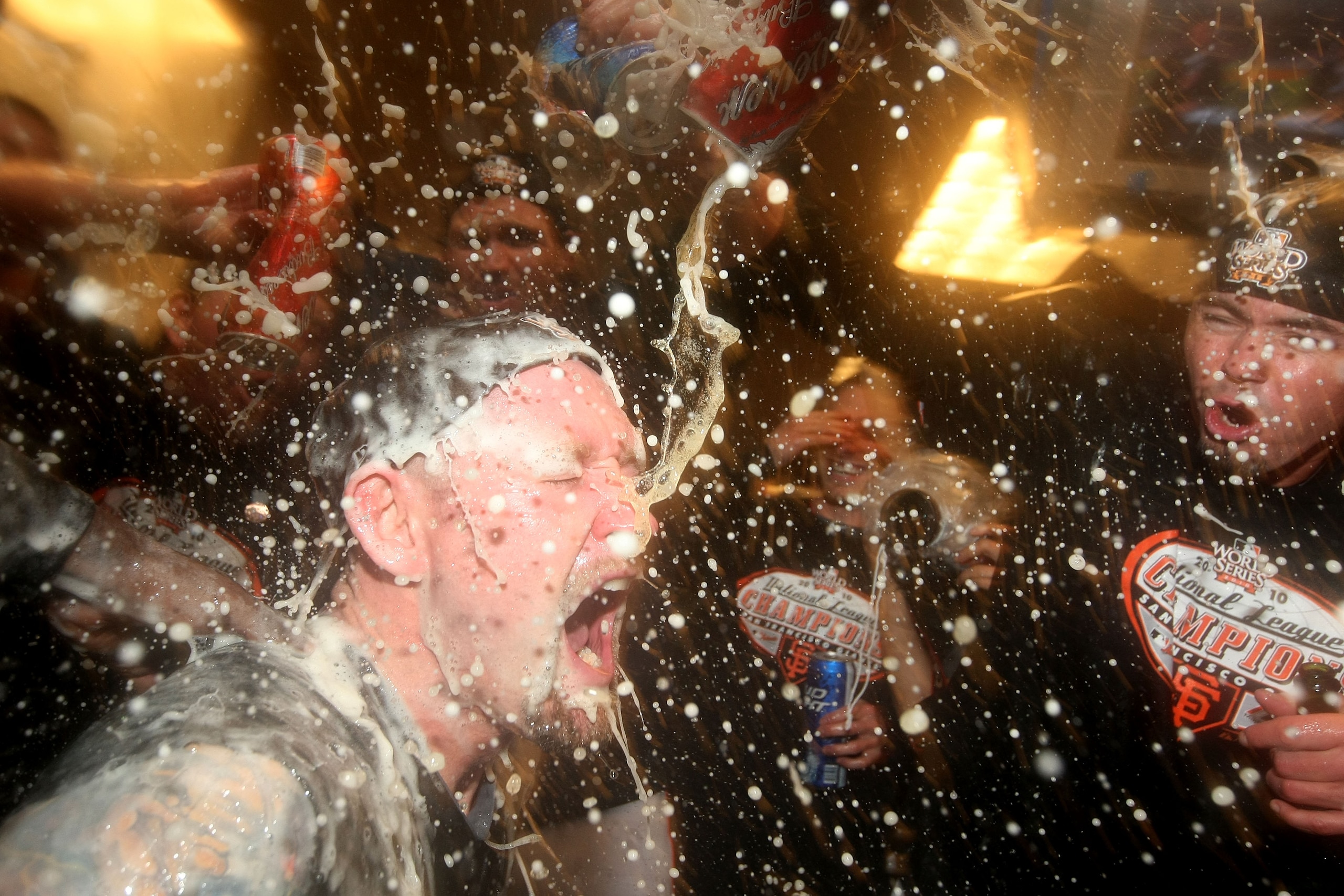 PHILADELPHIA - OCTOBER 23:  Aubrey Huff #17 of the San Francisco Giants celebrates defeating the Philadelphia Phillies 3-2 and winning the pennant in Game Six of the NLCS during the 2010 MLB Playoffs at Citizens Bank Park on October 23, 2010 in Philadelph