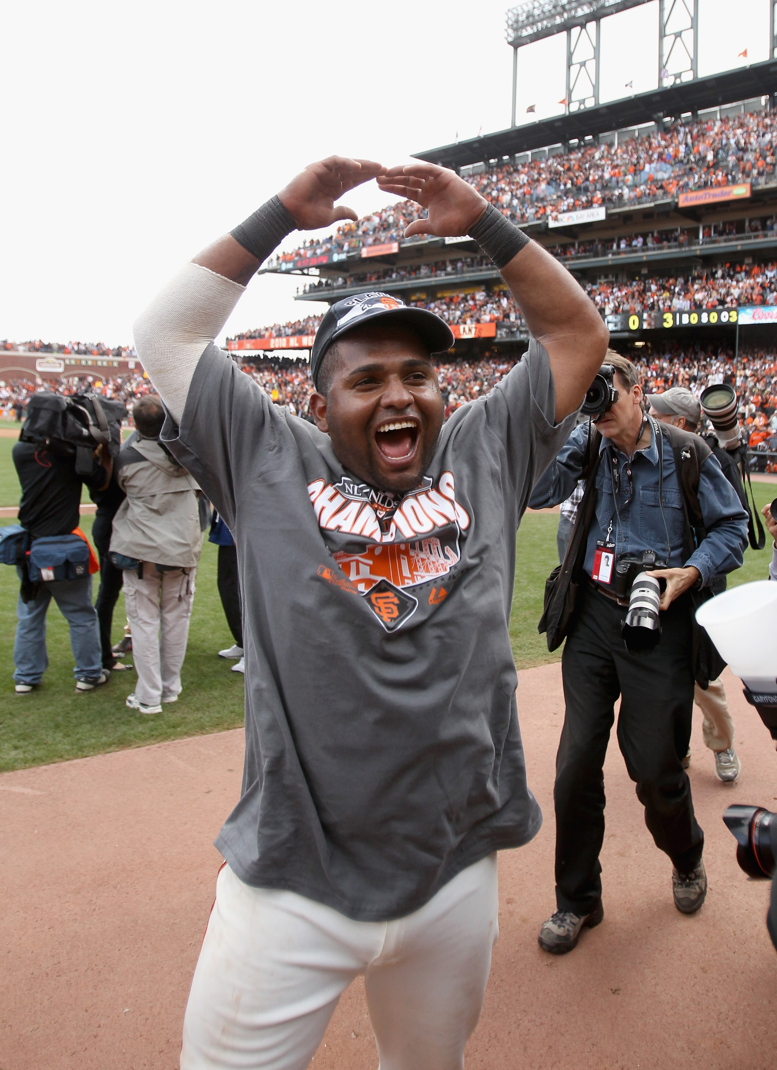 SAN FRANCISCO - OCTOBER 03:  Pablo Sandoval #48 of the San Francisco Giants celebrates after they beat the San Diego Padres to win the National League West Title at AT&T Park on October 3, 2010 in San Francisco, California.  (Photo by Ezra Shaw/Getty Imag