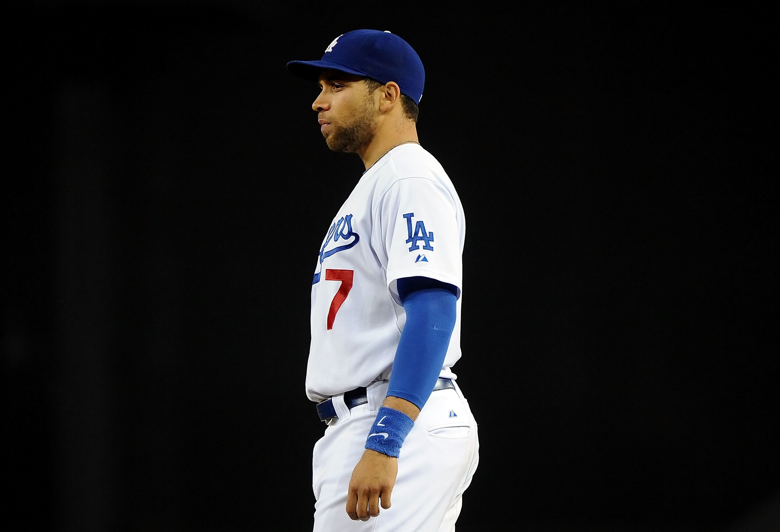 LOS ANGELES, CA - SEPTEMBER 17:  First baseman James Loney #7 of the Los Angeles Dodgers looks on during the game against the Colorado Rockies at Dodger Stadium on September 17, 2010 in Los Angeles, California.  (Photo by Lisa Blumenfeld/Getty Images)