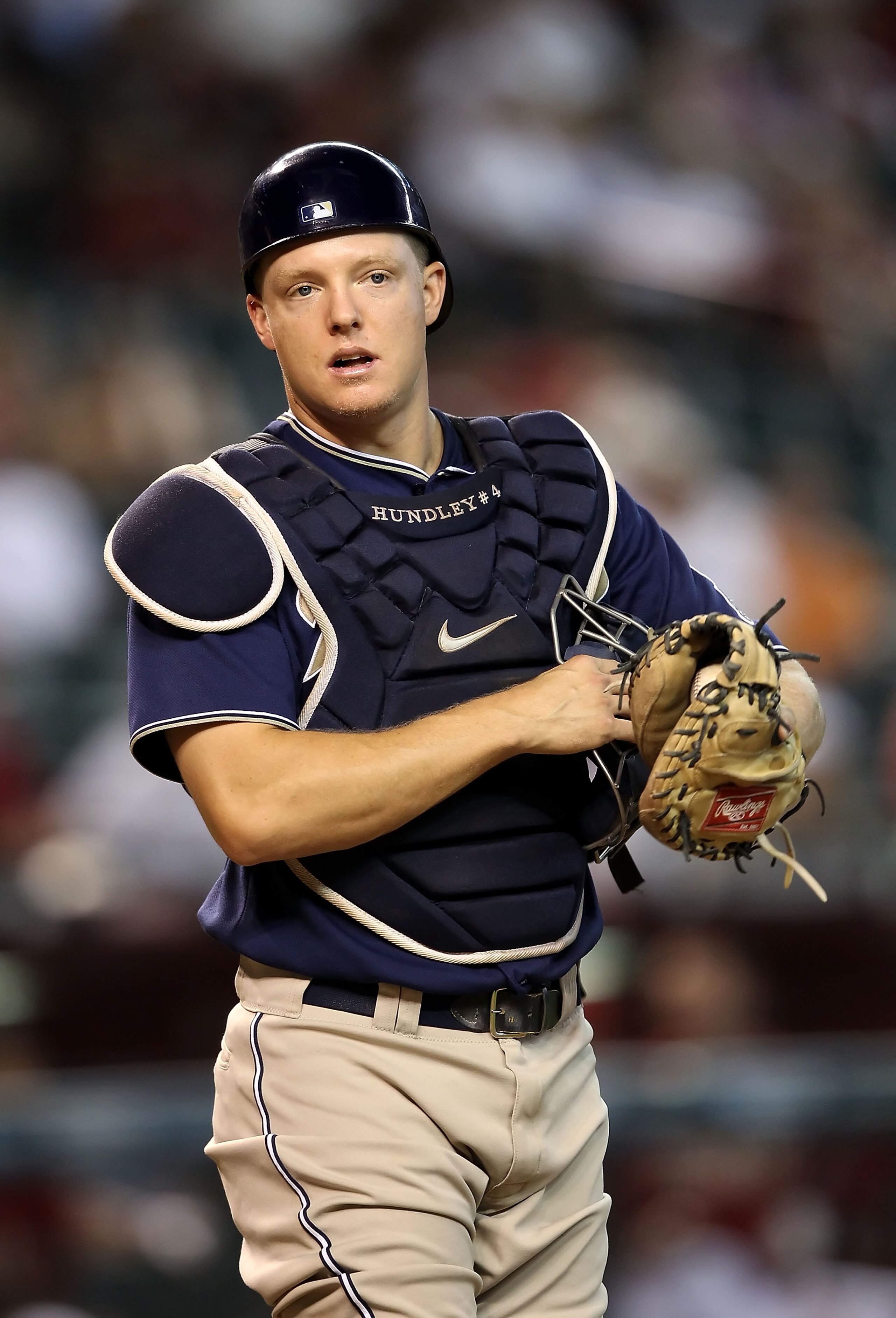 PHOENIX - SEPTEMBER 01:  Catcher Nick Hundley #4 of the San Diego Padres in action during the Major League Baseball game against the Arizona Diamondbacks at Chase Field on September 1, 2010 in Phoenix, Arizona.  The Diamondbacks defeated the Padres 5-2.