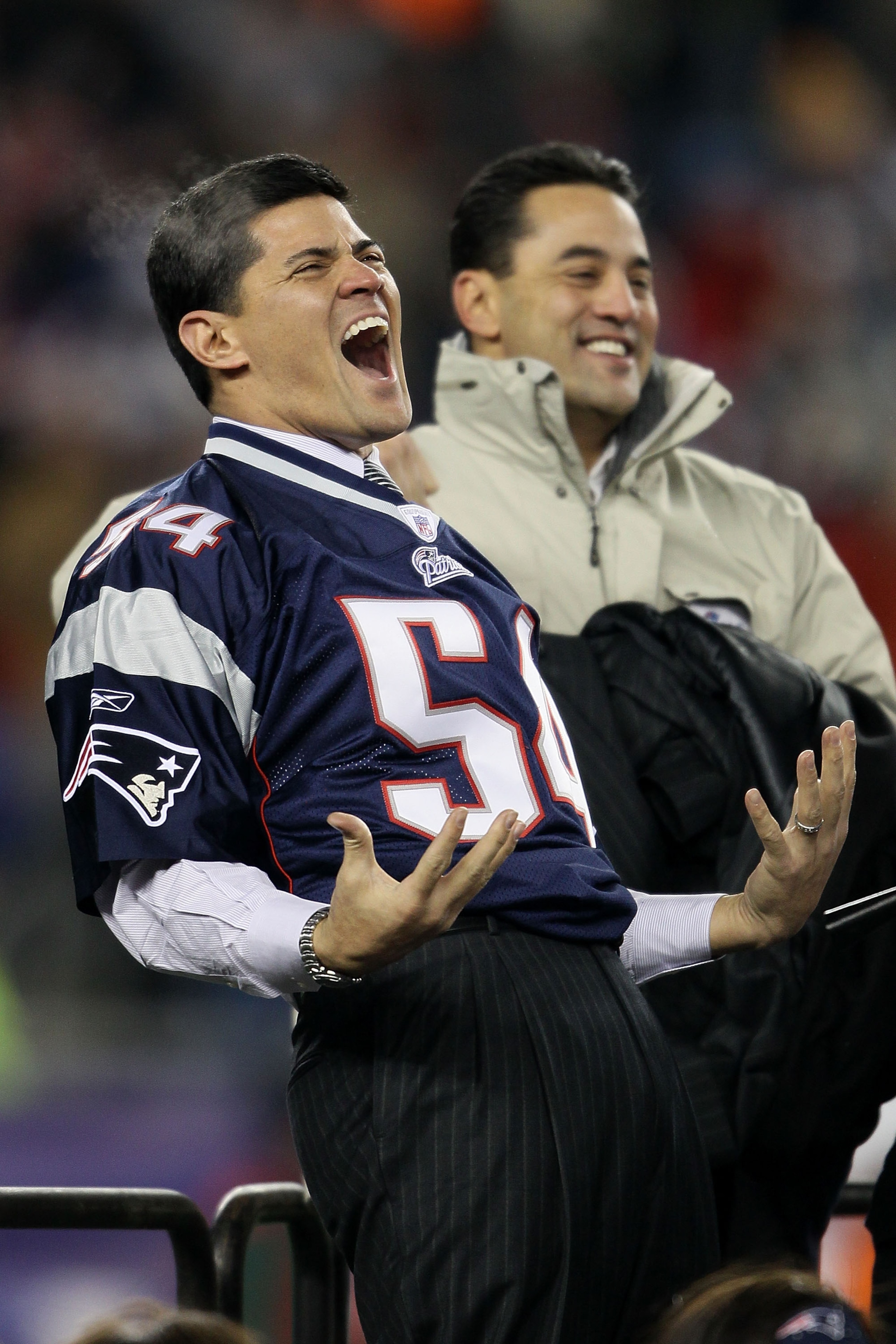 FOXBORO, MA - DECEMBER 06:  Former New England Patriots Tedy Bruschi reacts during a halftime ceremony honoring his playing career as the Patriots host the New York Jets at Gillette Stadium on December 6, 2010 in Foxboro, Massachusetts.  (Photo by Elsa/Ge