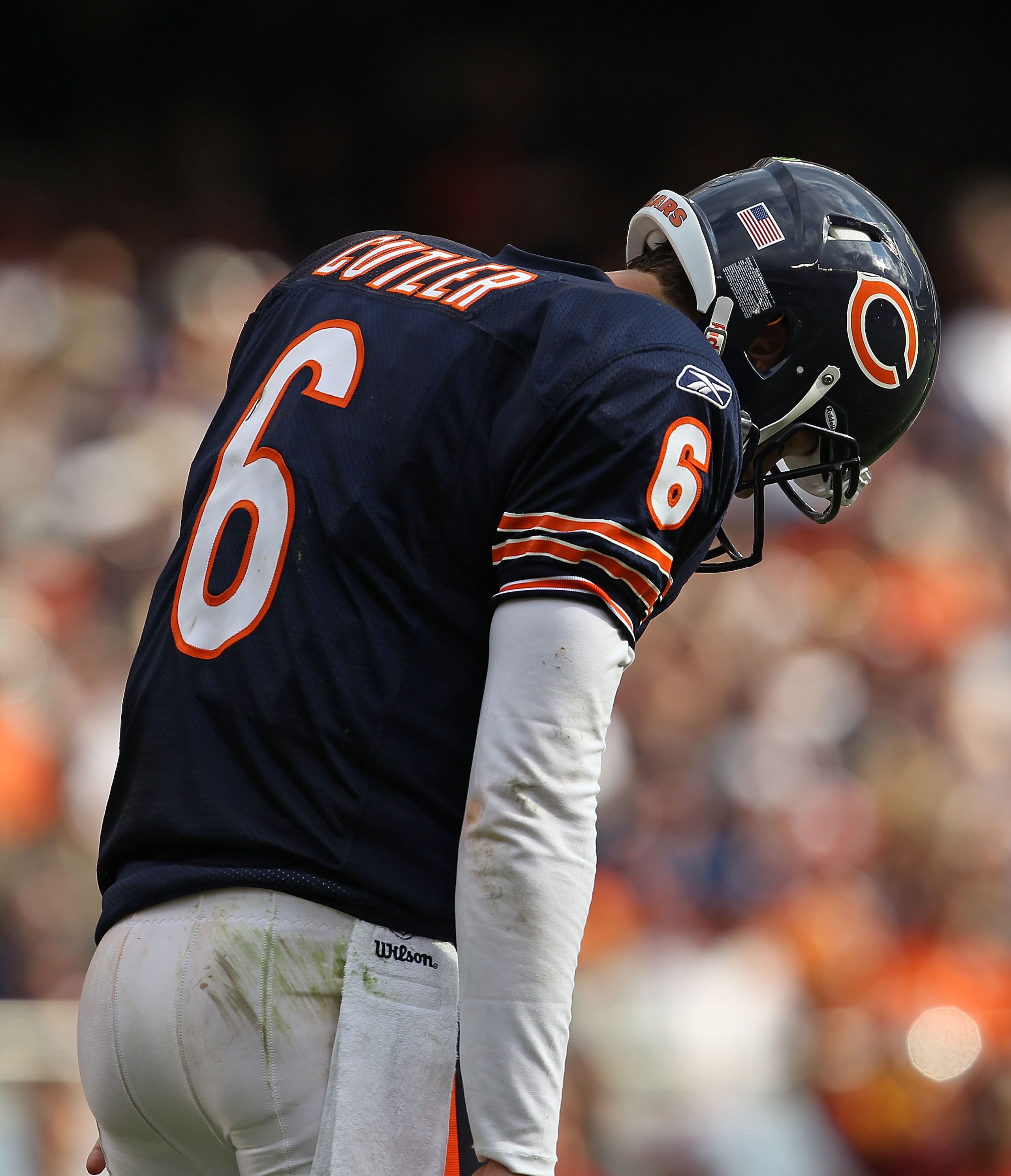 CHICAGO - OCTOBER 24: Jay Cutler #6 of the Chicago Bears reacts after throwing an interception against the Washington Redskins at Soldier Field on October 24, 2010 in Chicago, Illinois. The Redskins defeated the Bears 17-14. (Photo by Jonathan Daniel/Gett