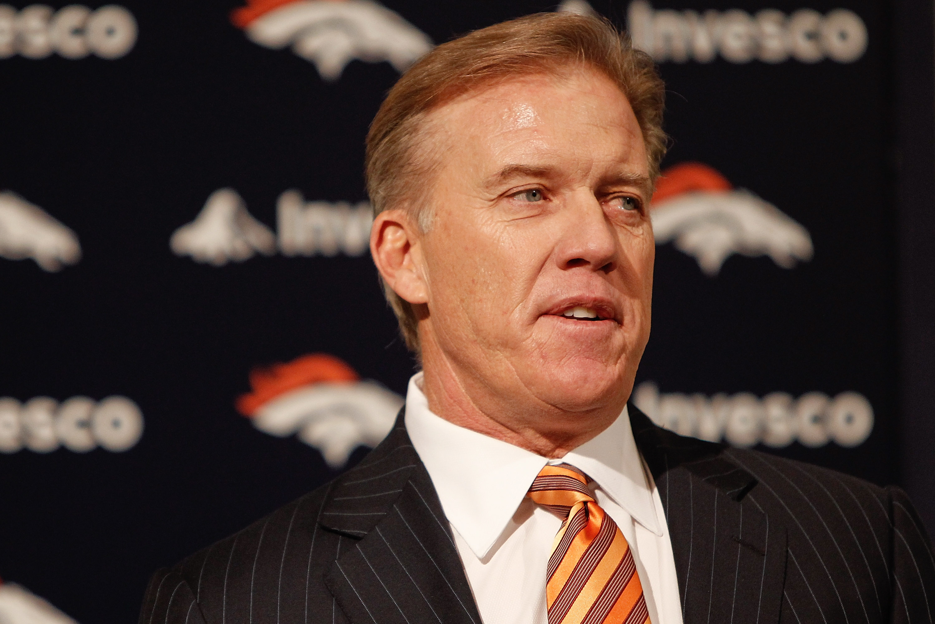 ENGLEWOOD, CO - JANUARY 14:  Denver Broncos vice president of football operations John Elway addresses the media during a press conference to announce John Fox as the next head coach at Dove Valley on January 14, 2011 in Englewood, Colorado. Fox was named