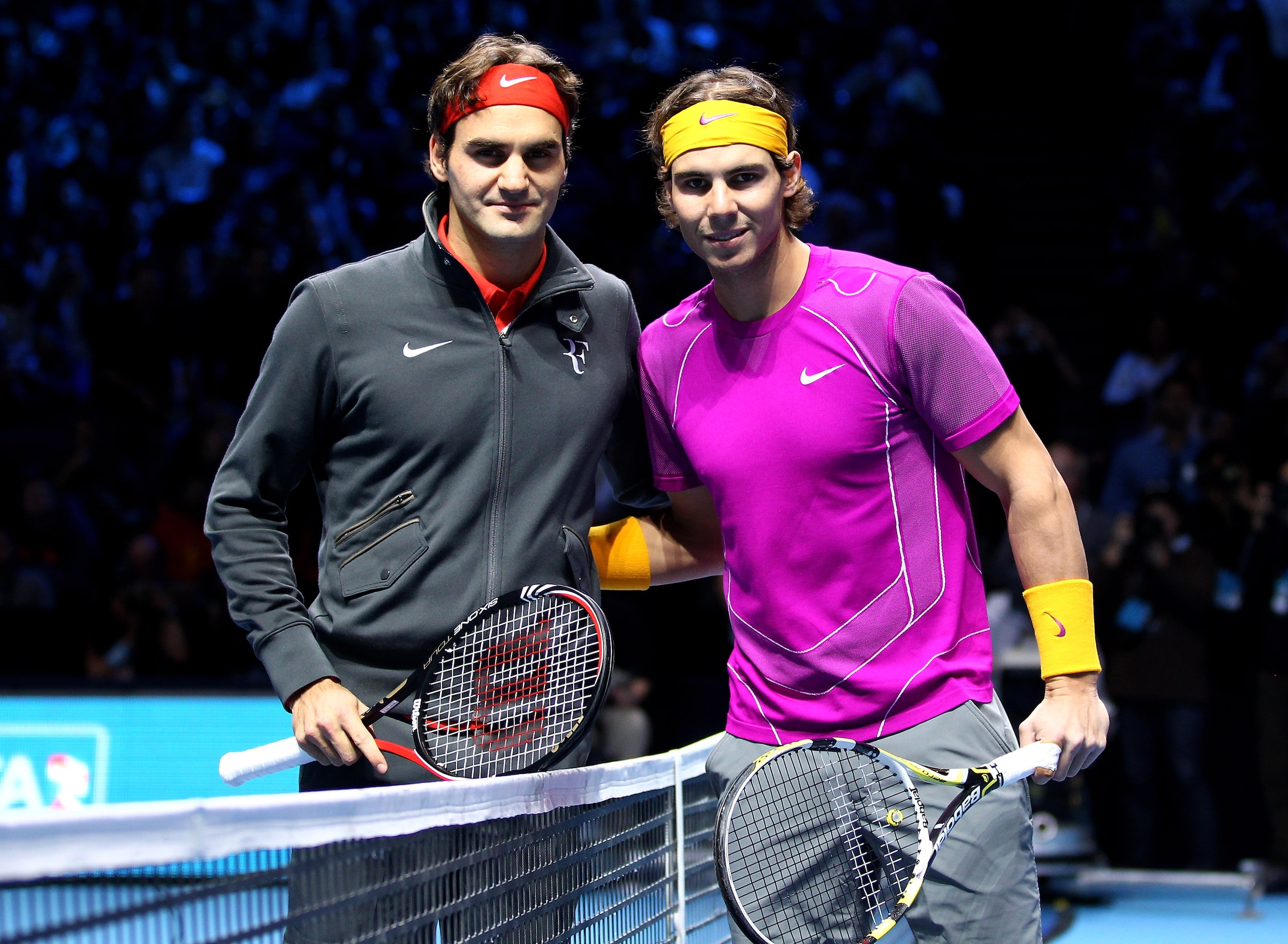 LONDON, ENGLAND - NOVEMBER 28: Roger Federer of Switzerland (L) and Rafael Nadal of Spain (R) pose on court before their men's final during the ATP World Tour Finals at O2 Arena on November 28, 2010 in London, England. (Photo by Julian Finney/Getty Imag LONDON, ENGLAND - NOVEMBER 28: Roger Federer of Switzerland (L) and Rafael Nadal of Spain (R) pose on court before their men's final during the ATP World Tour Finals at O2 Arena on November 28, 2010 in London, England. (Photo by Julian Finney/Getty Imag