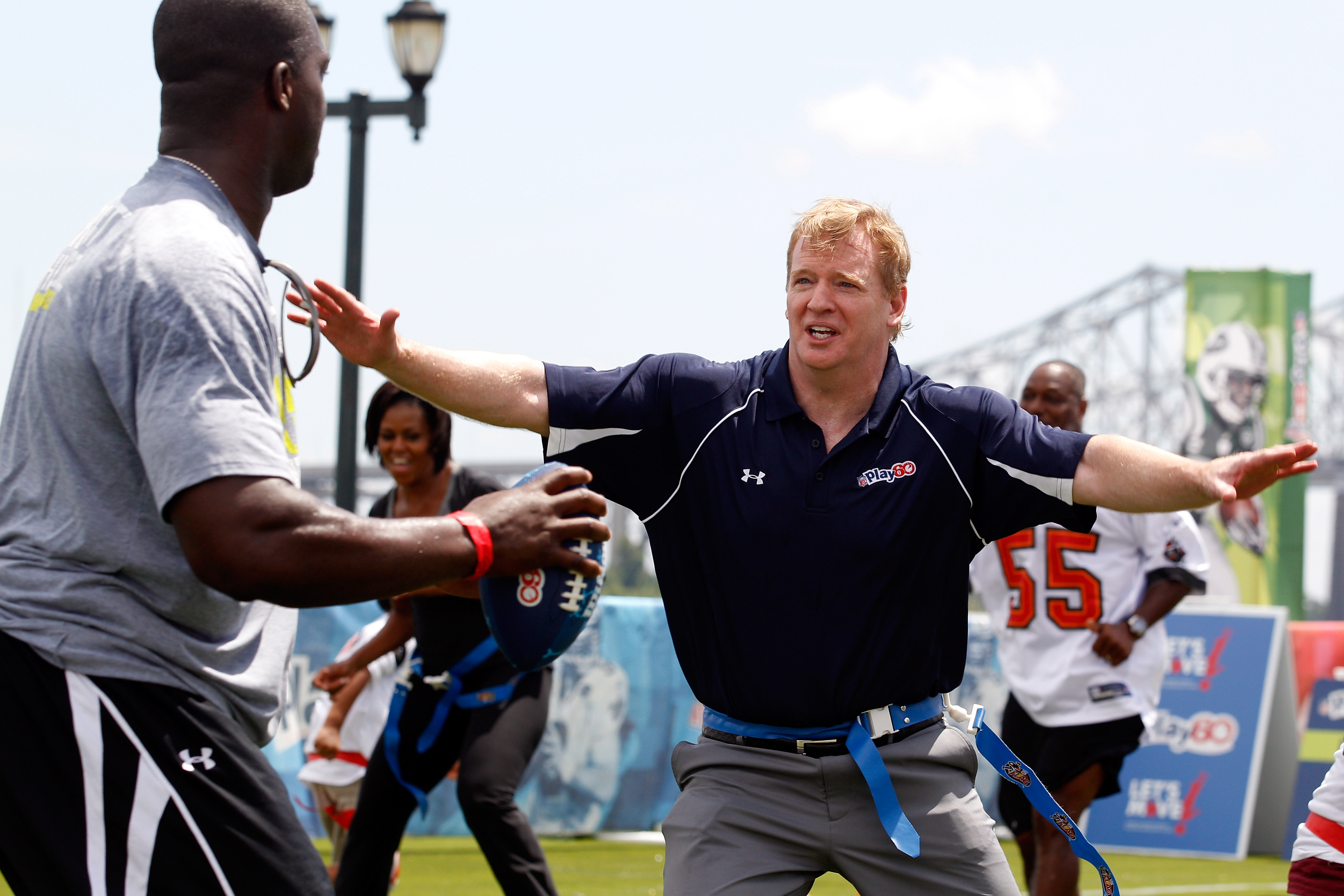 NEW ORLEANS - SEPTEMBER 08:  NFL commissioner Roger Goodell  plays on the field during the NFL�s Play 60 campaign to fight childhood obesity at Brock Elementary School September 8, 2010 in New Orleans, Louisiana. Obama joined NFL Commissioner Roger Goodel