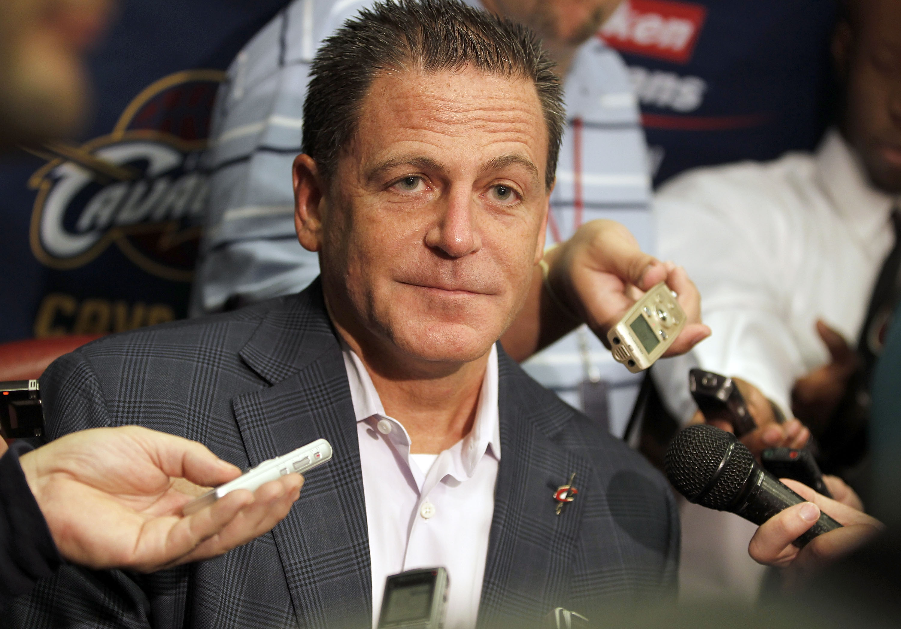 CLEVELAND - OCTOBER 27:  Majority owner Dan Gilbert of the Cleveland Cavaliers talks to the media prior to playing the Boston Celtics in the Cavaliers 2010 home opner at Quicken Loans Arena on October 27, 2010 in Cleveland, Ohio.  NOTE TO USER: User expre