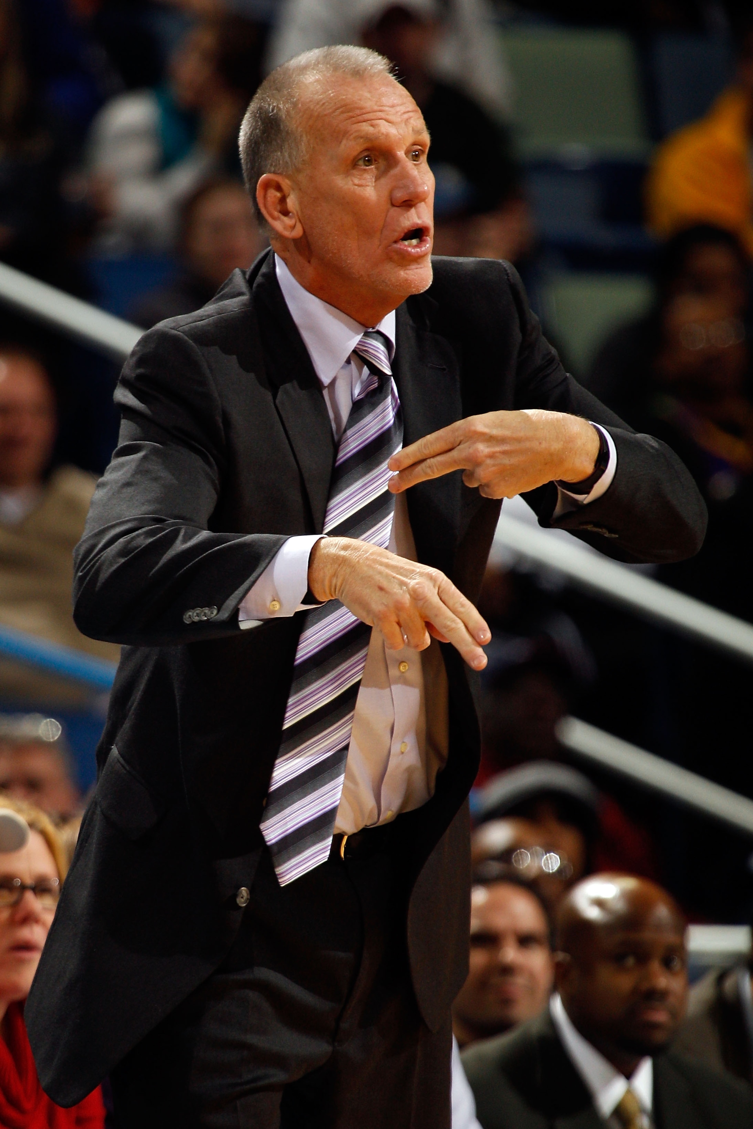 NEW ORLEANS, LA - JANUARY 03:  Head coach Doug Collins of the Philadelphia 76ers reacts in the second half against the New Orleans Hornets at New Orleans Arena on January 3, 2011 in New Orleans, Louisiana. NOTE TO USER: User expressly acknowledges and agr
