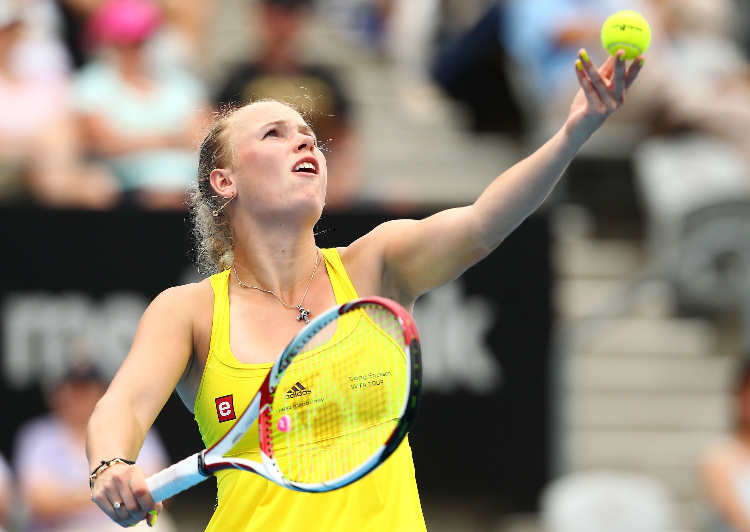 SYDNEY, AUSTRALIA - JANUARY 11:  Caroline Wozniacki of Denmark serves in her match against Dominika Cibulkova of Slovakia during day three of the 2011 Medibank International at Sydney Olympic Park Tennis Centre on January 11, 2011 in Sydney, Australia.  (