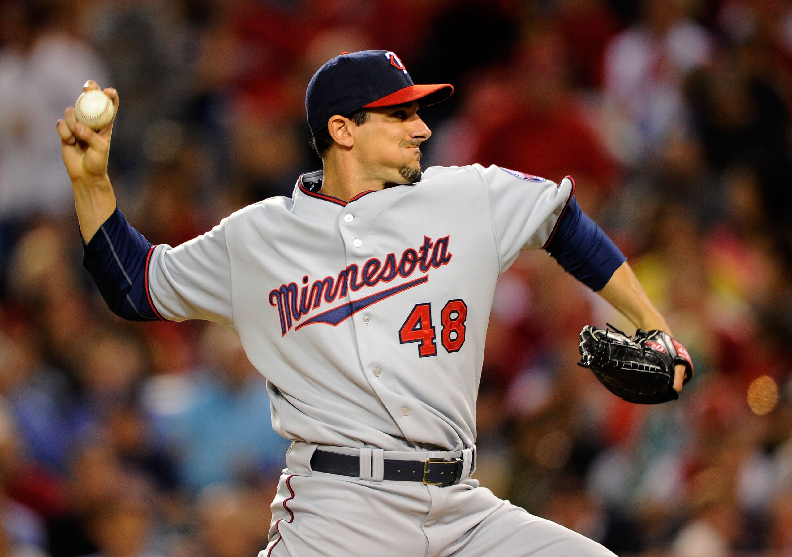 ANAHEIM, CA - APRIL 07:  Carl Pavano #48 of the Minnesota Twins throws a pitch against Los Angeles Angels of Anaheim during the second inning of the baseball game  at Angel Field  on April 7, 2010 in Anaheim, California.  (Photo by Kevork Djansezian/Getty